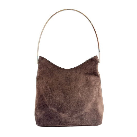 Brown Suede with Silver-tone Handle Shoulder Bag