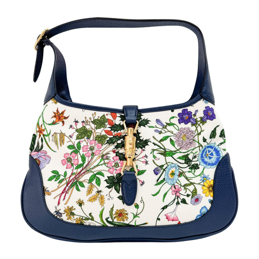 Jackie Floral Print Navy Leather Shoulder Bag