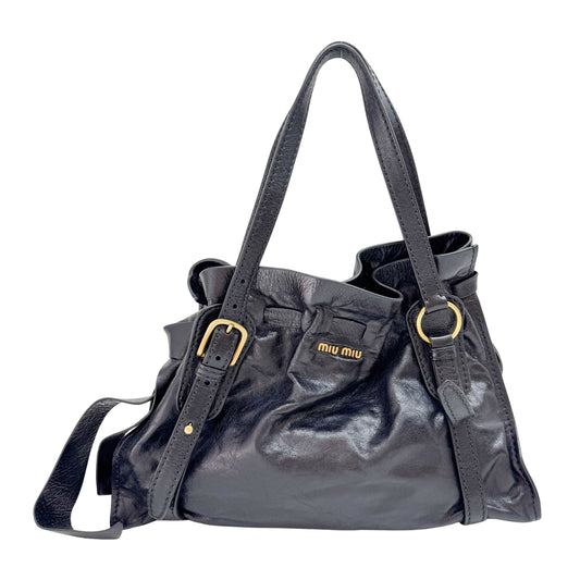 Vitello Lux Bow Black Leather Shoulder Bag