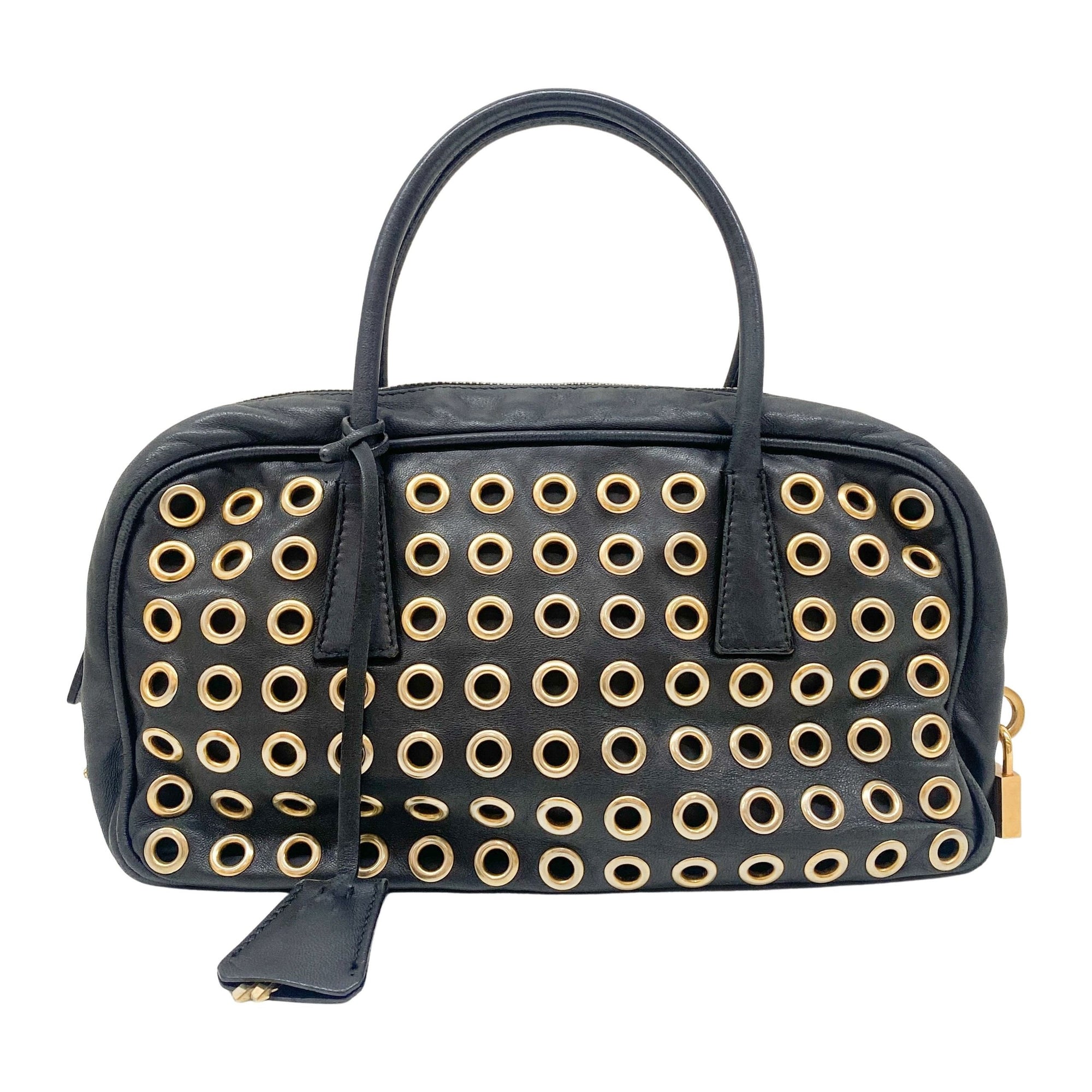 Eyelet Studs Black Leather Hand Bag