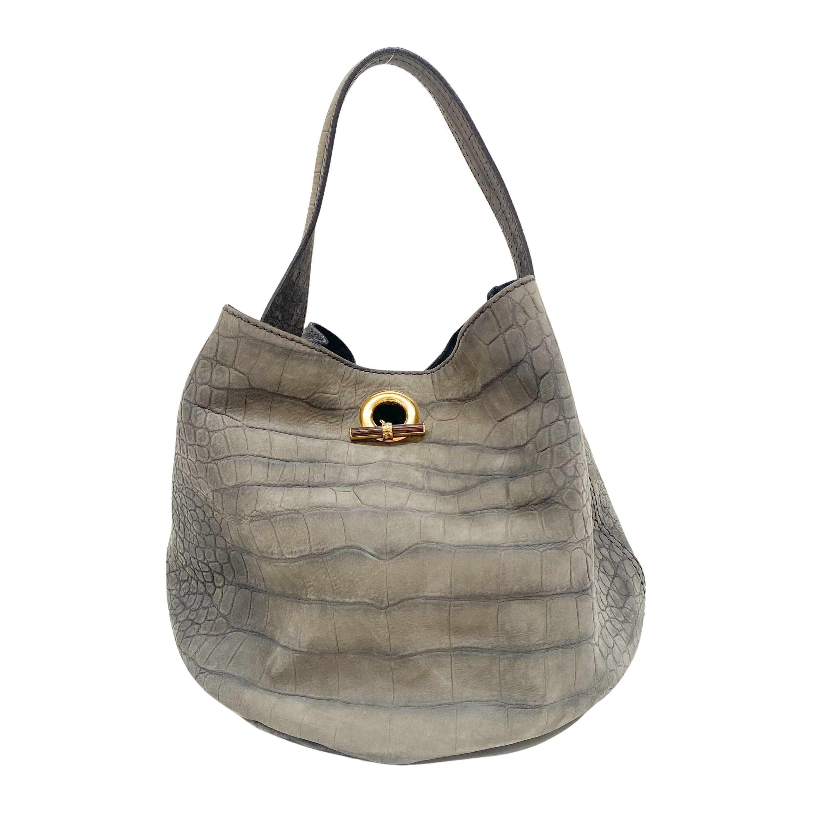 Grey Crocodile Embossed Nubuck Leather Hobo Bag