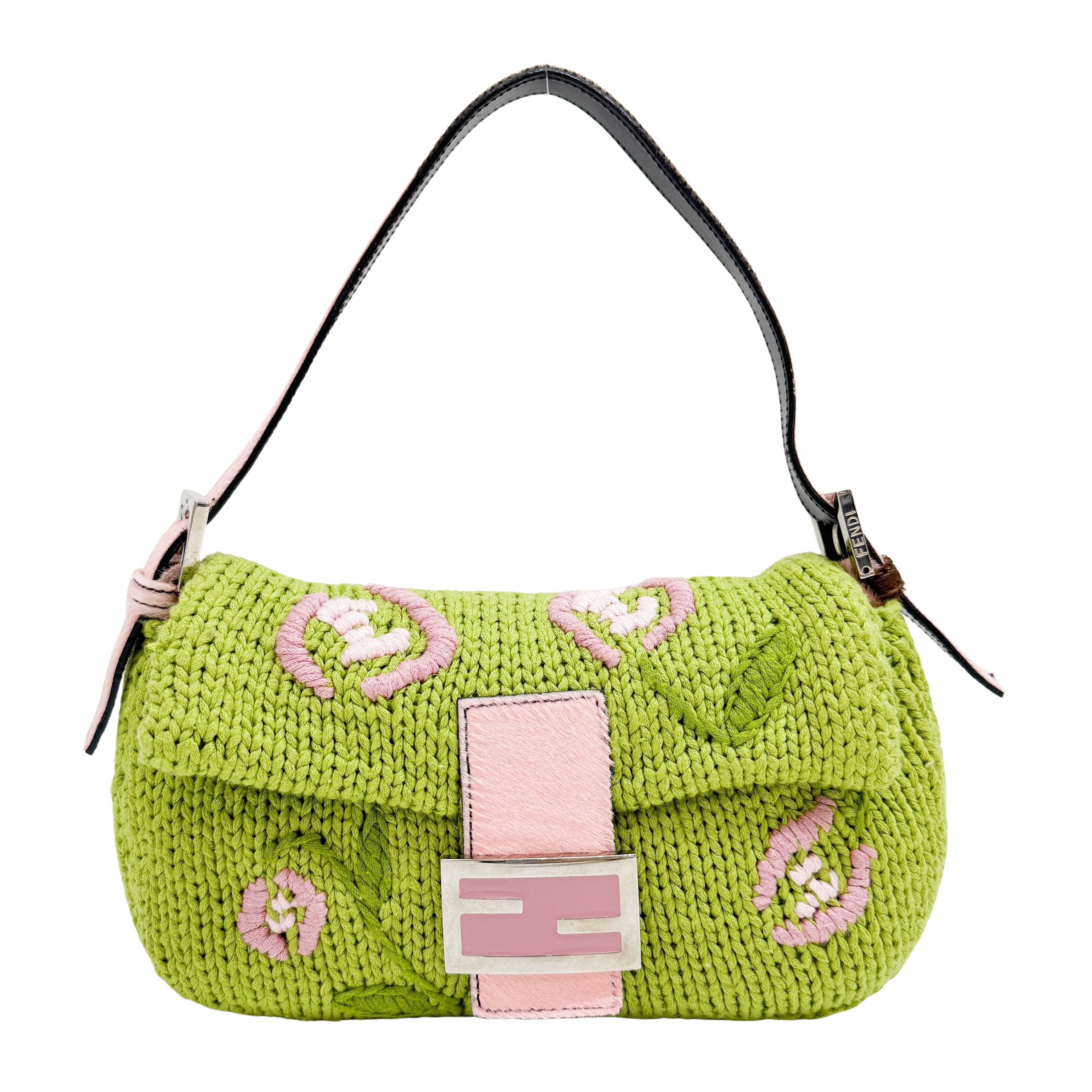 Baguette Green and Pink Crochet and Pony Hair Shoulder Bag