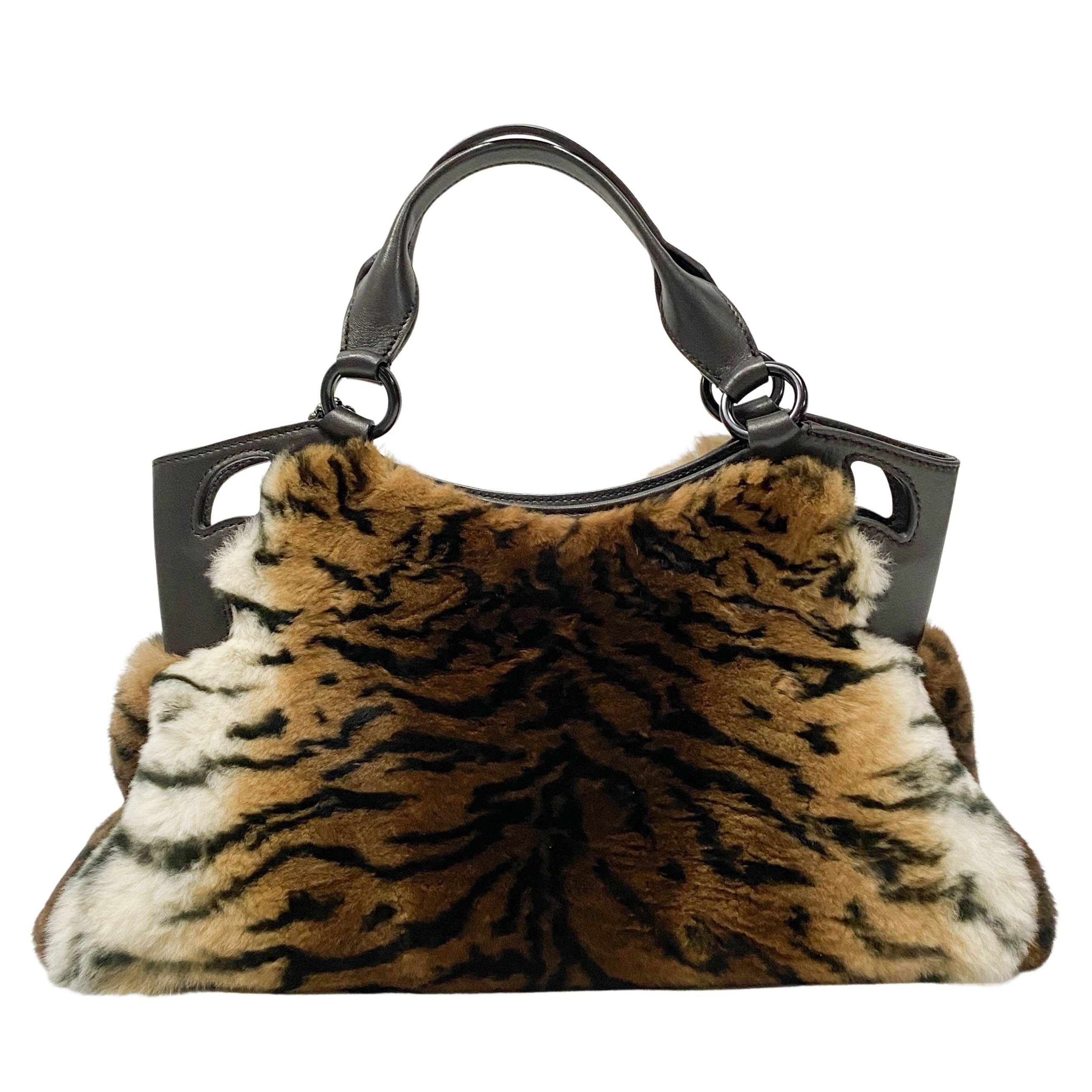 Brown/White Tiger Print Rabbit Fur Hand Bag