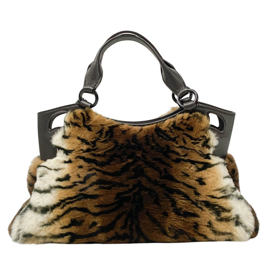 Brown/White Tiger Print Rabbit Fur Hand Bag
