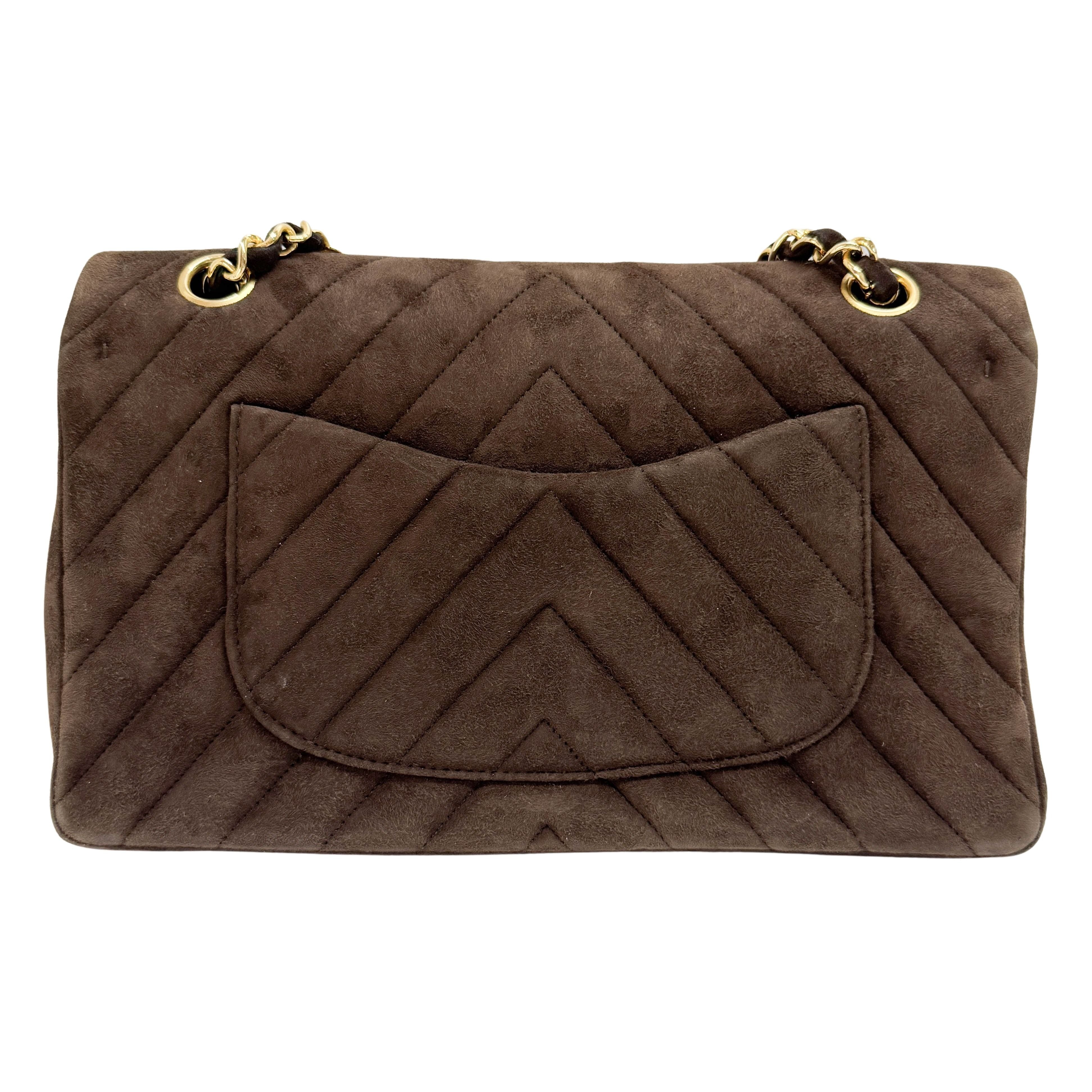 Double Flap Brown V Stitch Suede Double Chain Shoulder Bag