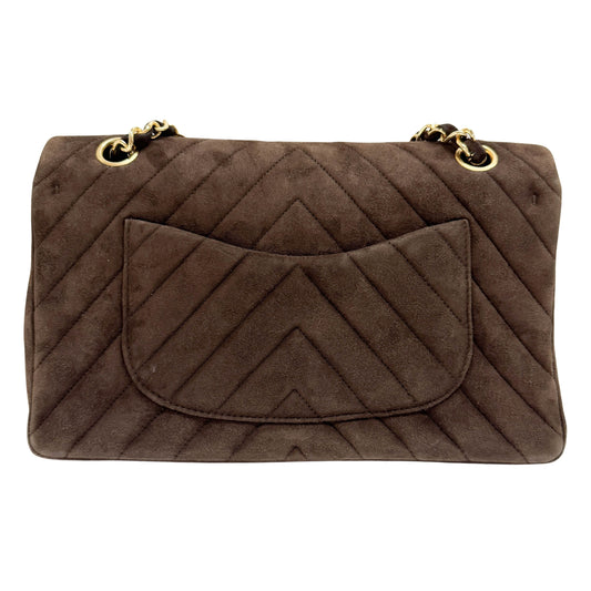 Double Flap Brown V Stitch Suede Double Chain Shoulder Bag