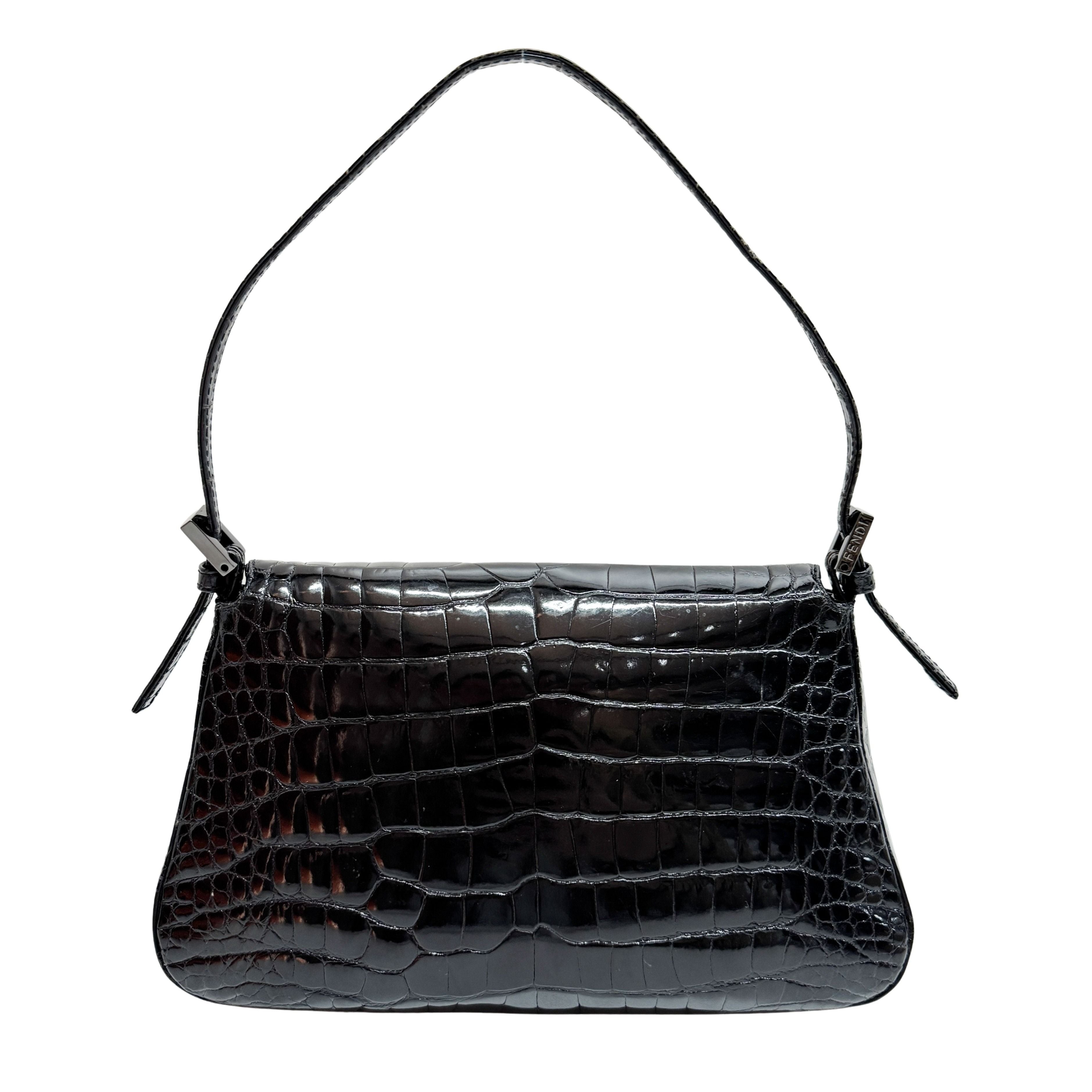 Mini Mamma Baguette Black Crocodile Embossed Shoulder Bag
