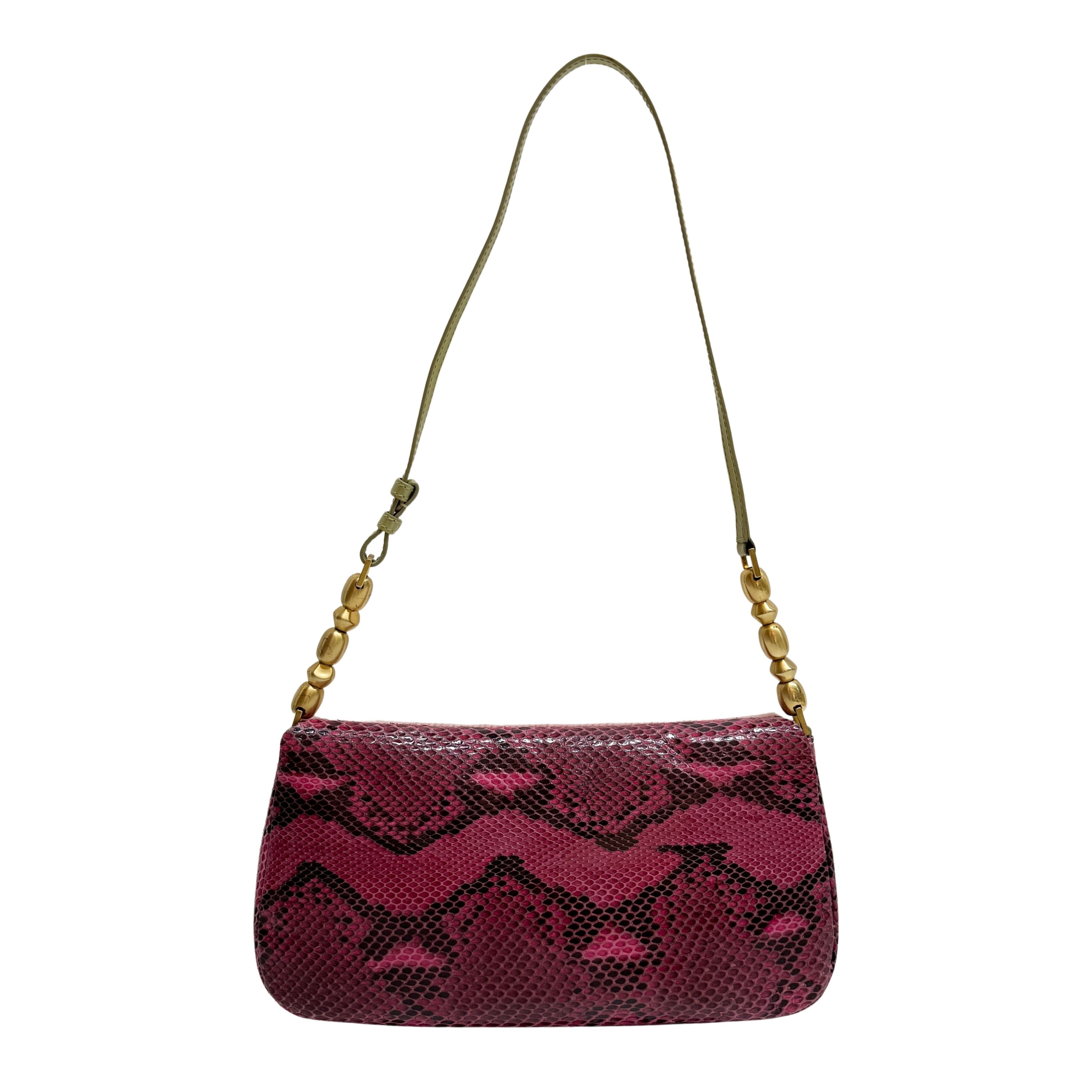 Malice Pearl Chain Pink Pony Hair Snake Skin Print Shoulder Bag