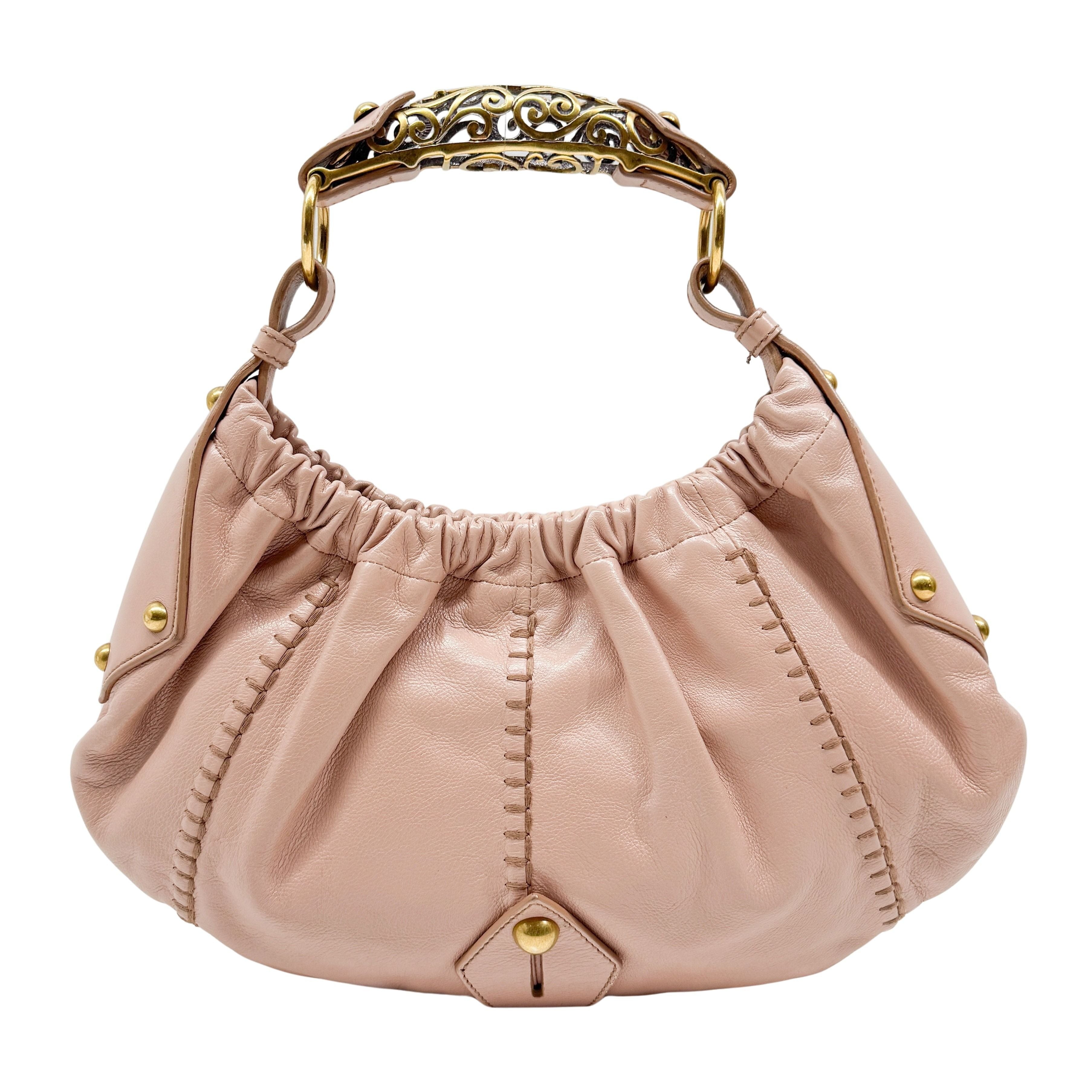 Vintage Pink Leather Shoulder Bag with Baroque Metal Handle