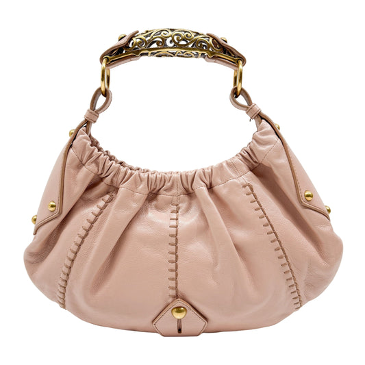 Vintage Pink Leather Shoulder Bag with Baroque Metal Handle