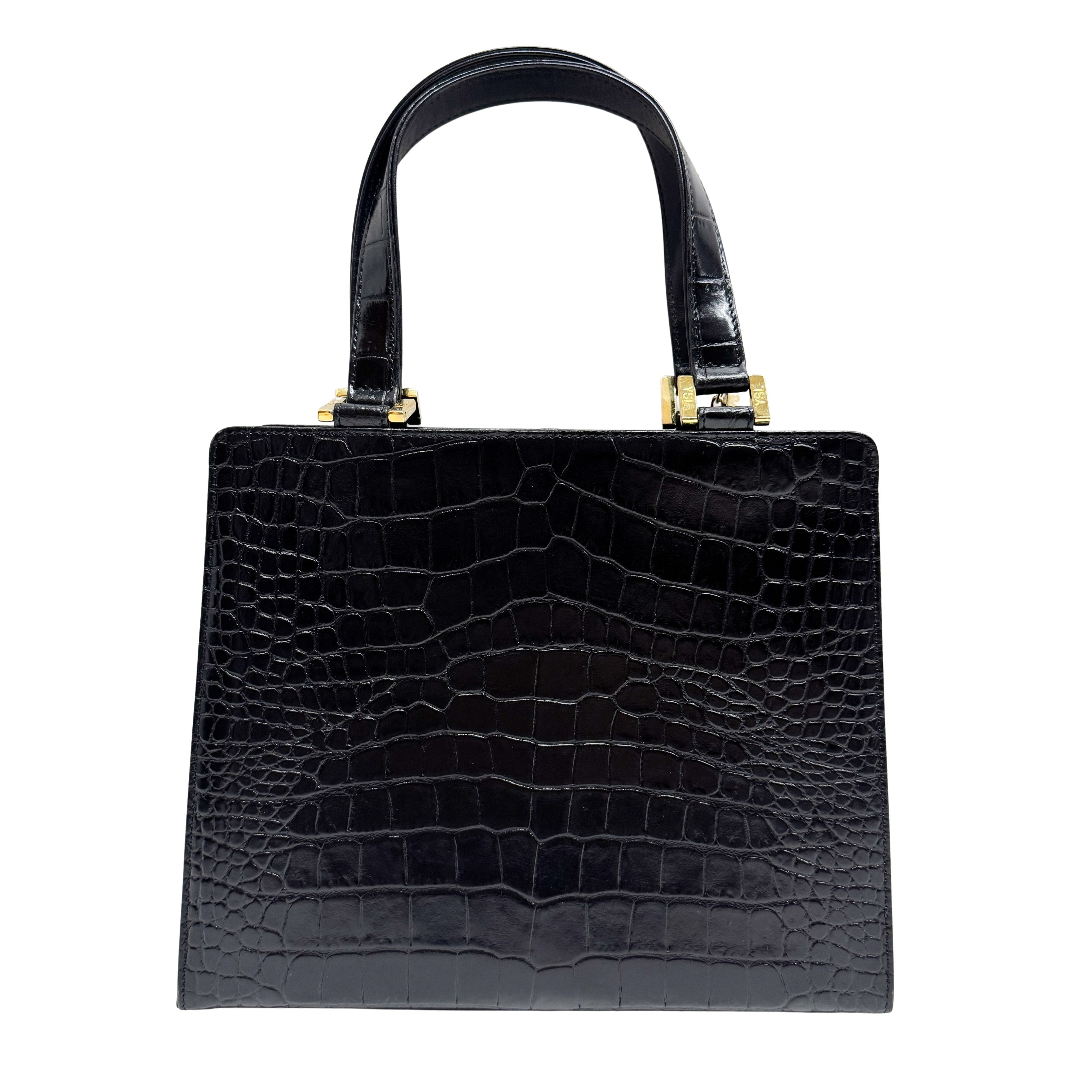 Black Croc Embossed Leather Handbag