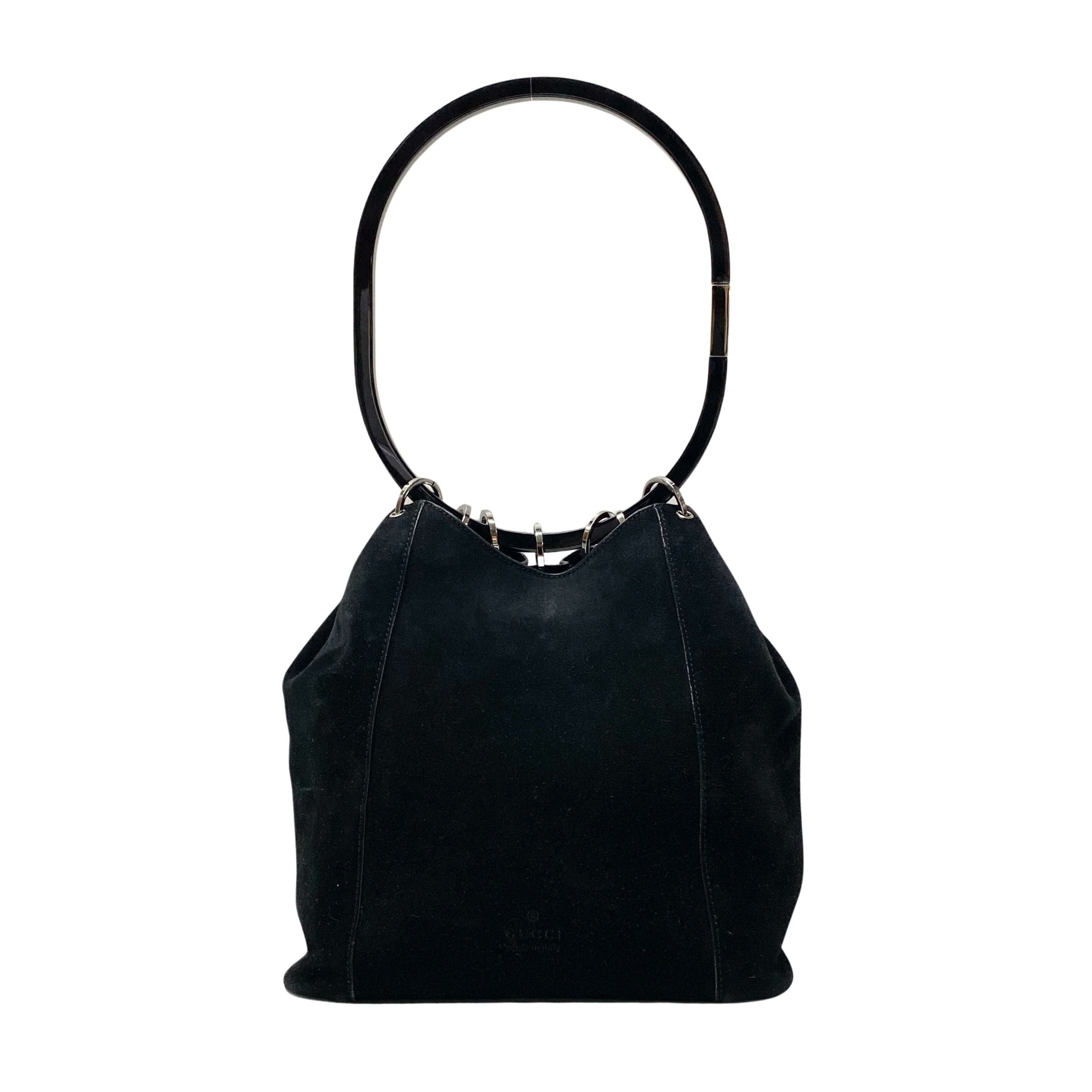 Metal Handle Black Suede Shoulder Bag