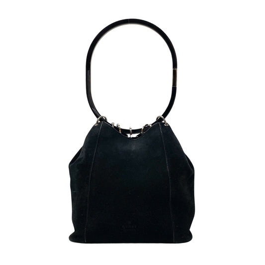 Metal Handle Black Suede Shoulder Bag