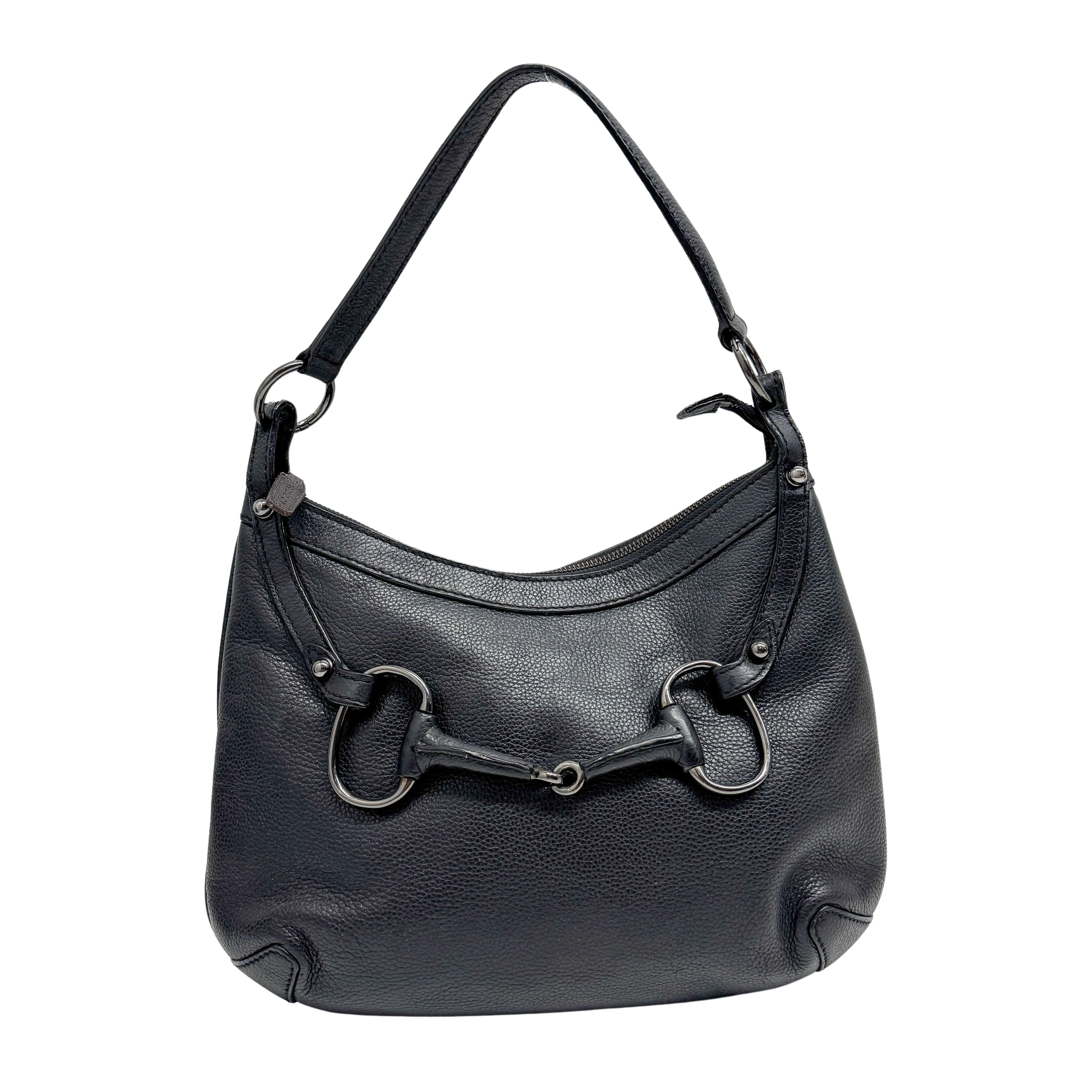 Horsebit Black Leather Shoulder Bag