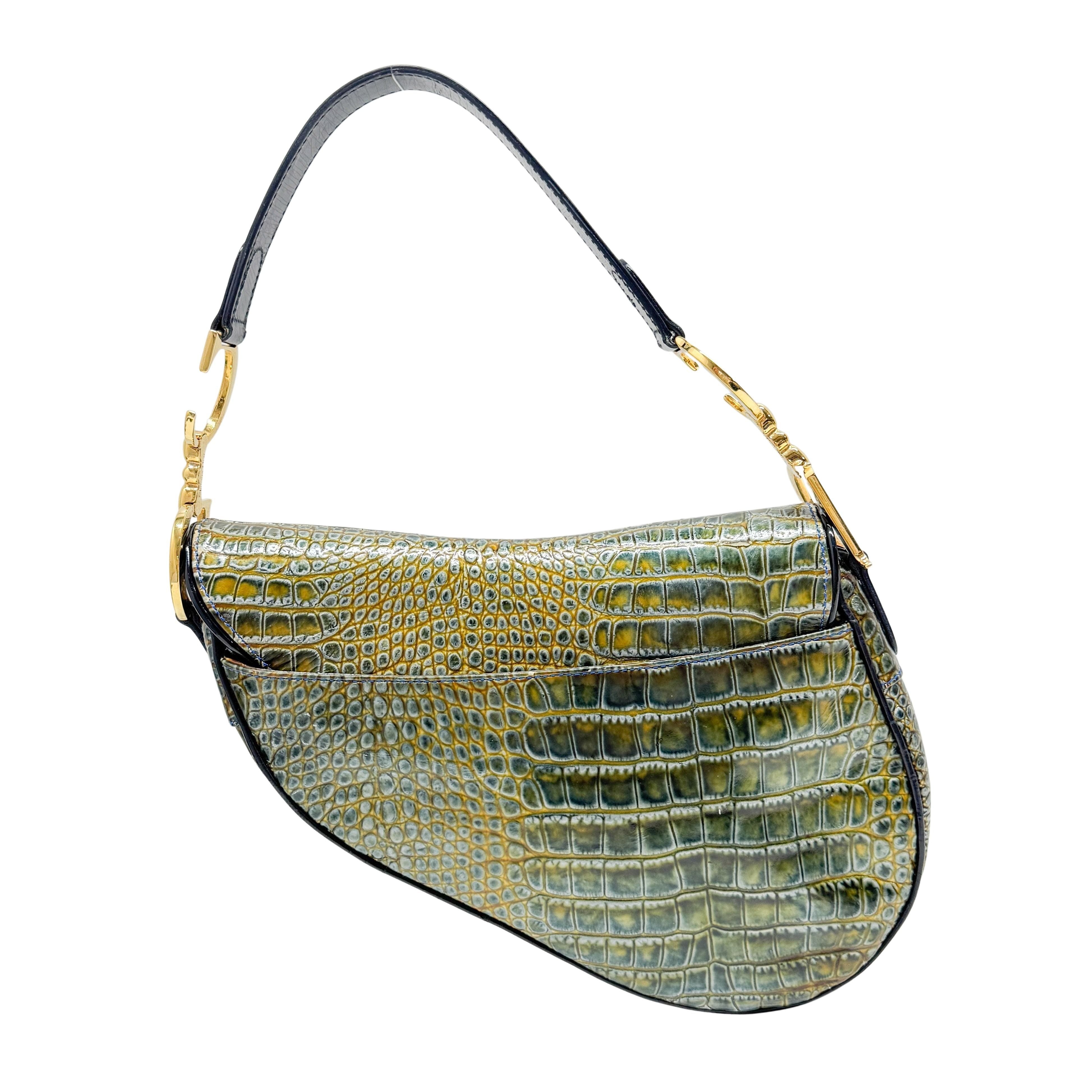 Saddle Olive-Brown Crocodile Embossed Leather Shoulder Bag