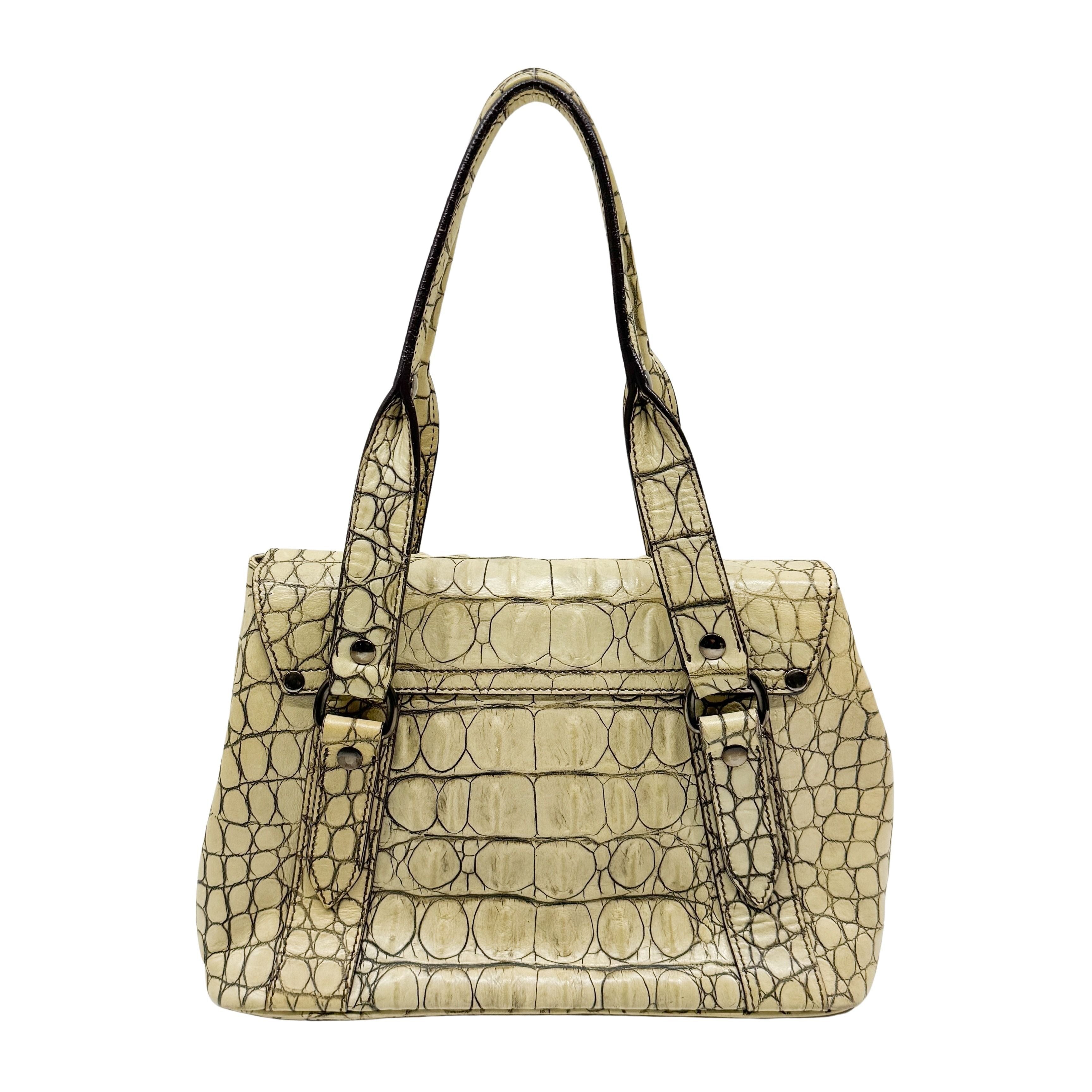Vintage Beige Croc Embossed Leather Shoulder Bag