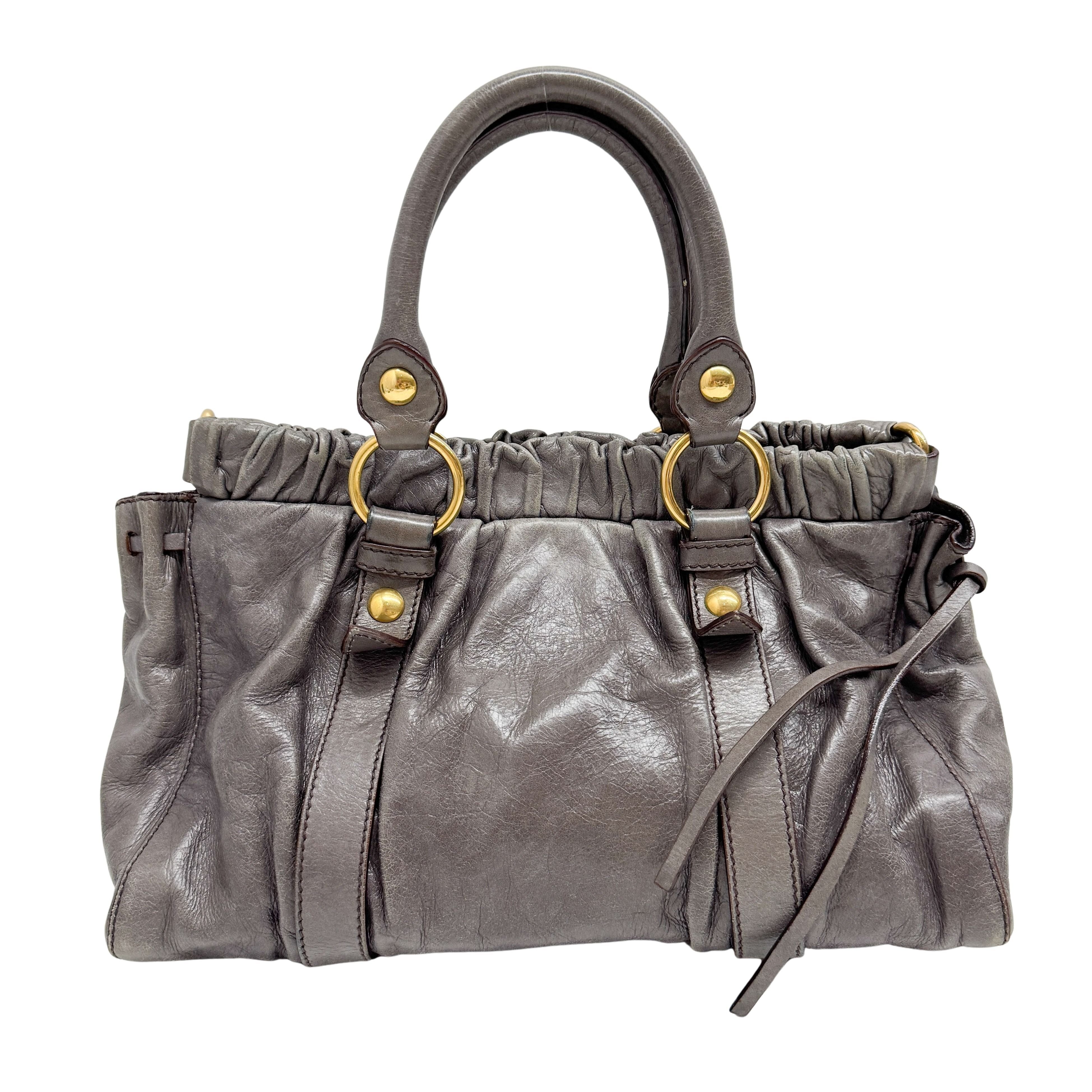 Vitello Grey Calfskin Leather Two Way Bag