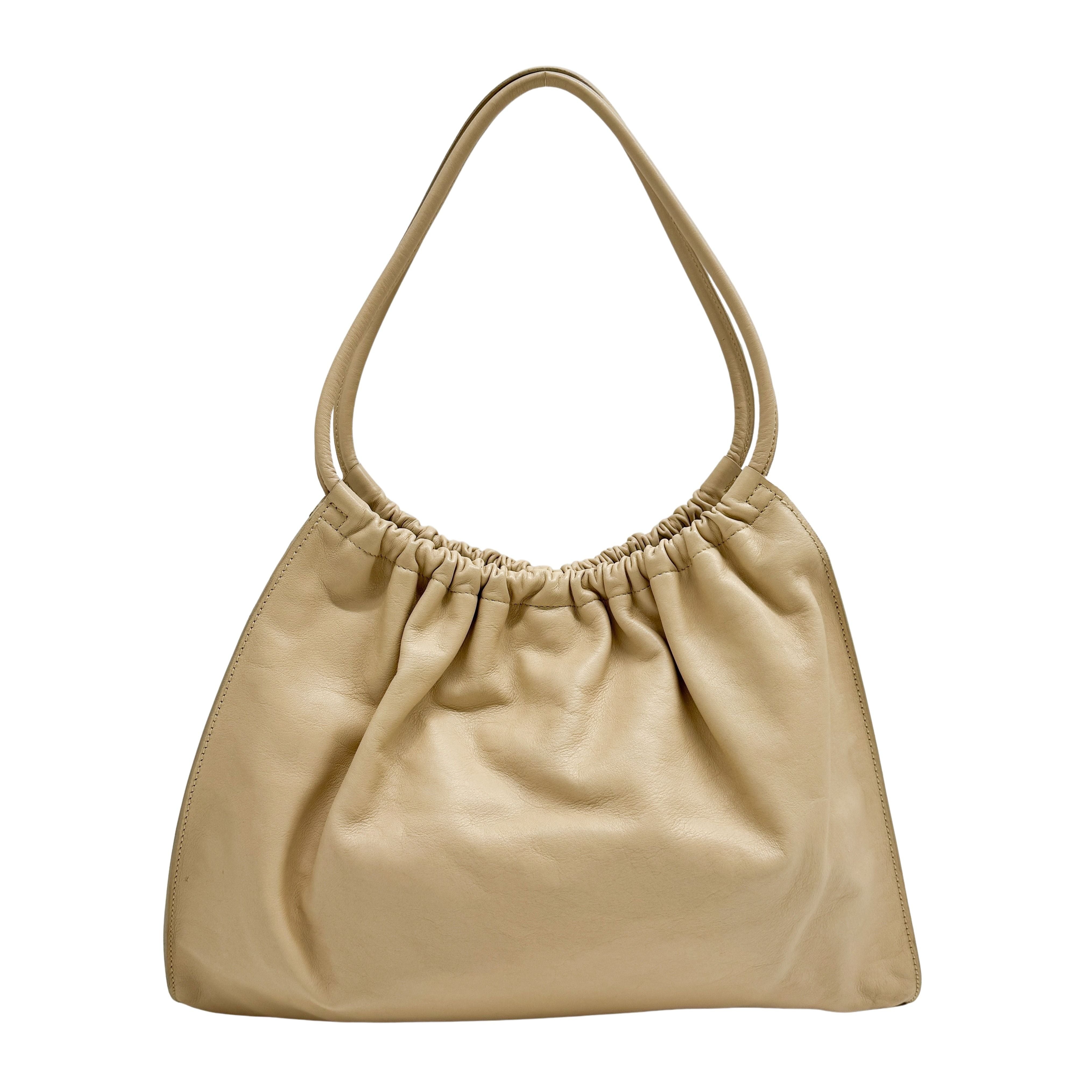 Beige Leather Hobo Shoulder Bag