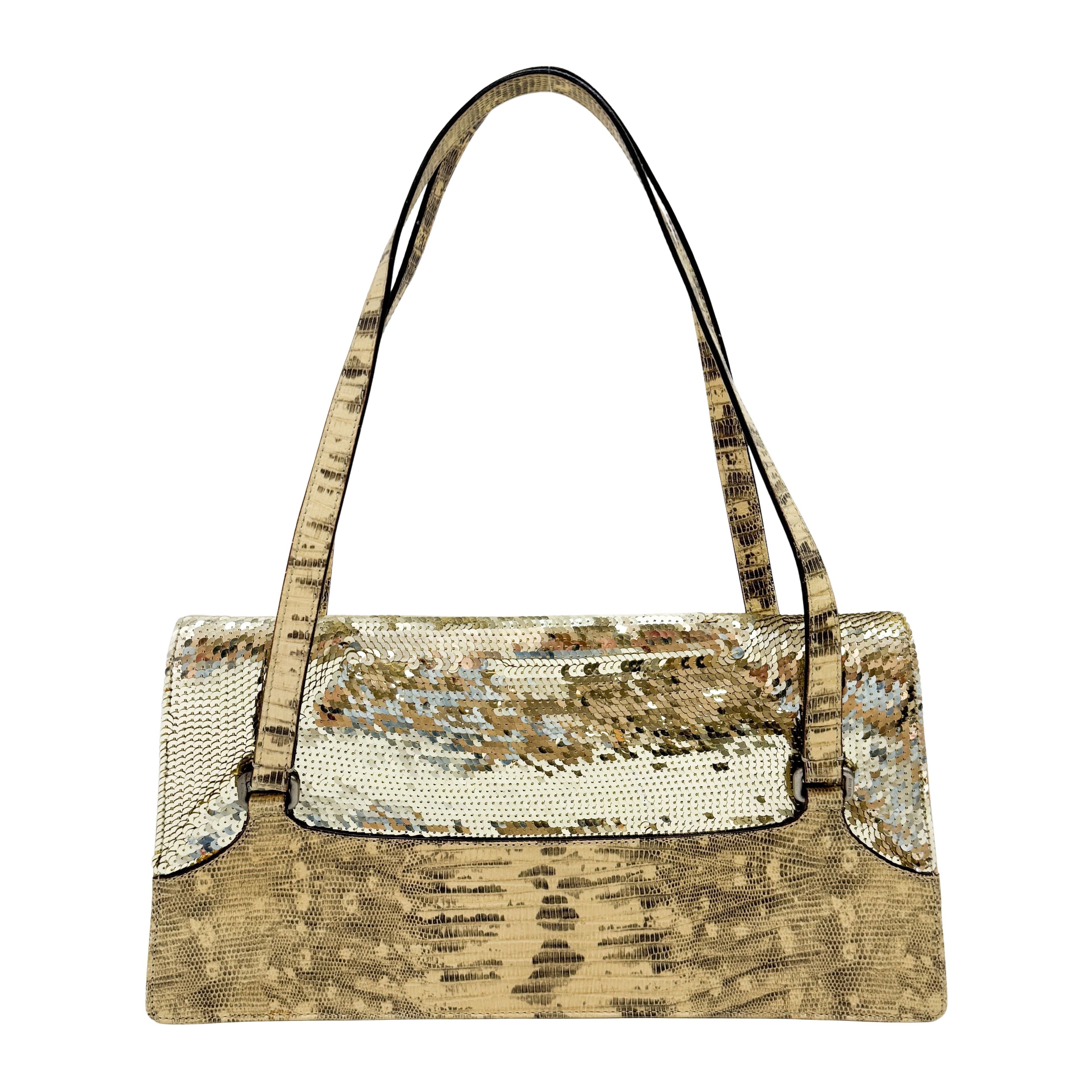 Gold Sequin Yellow Python Embossed Leather Shoulder Bag