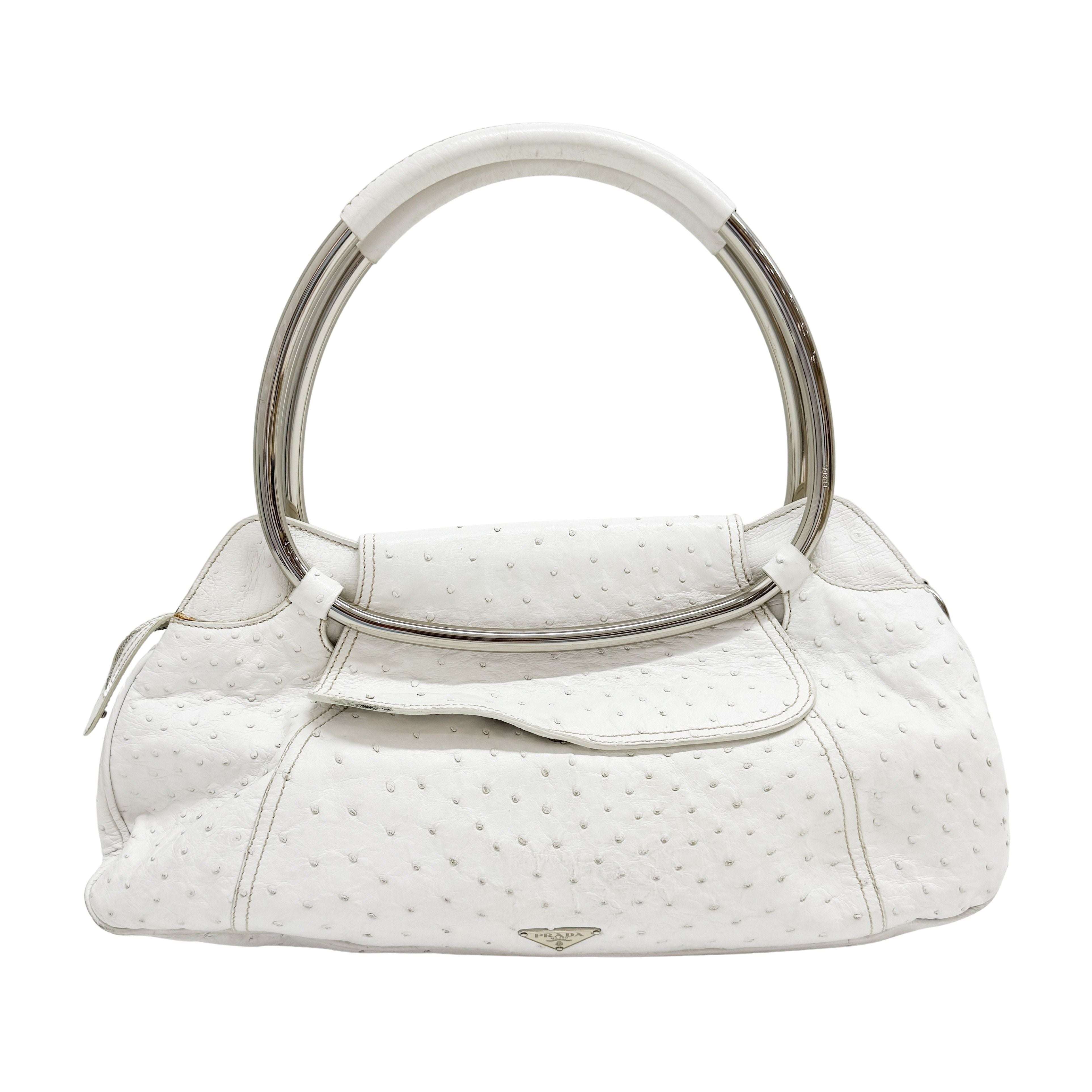 White Ostrich Embossed Leather Shoulder Bag