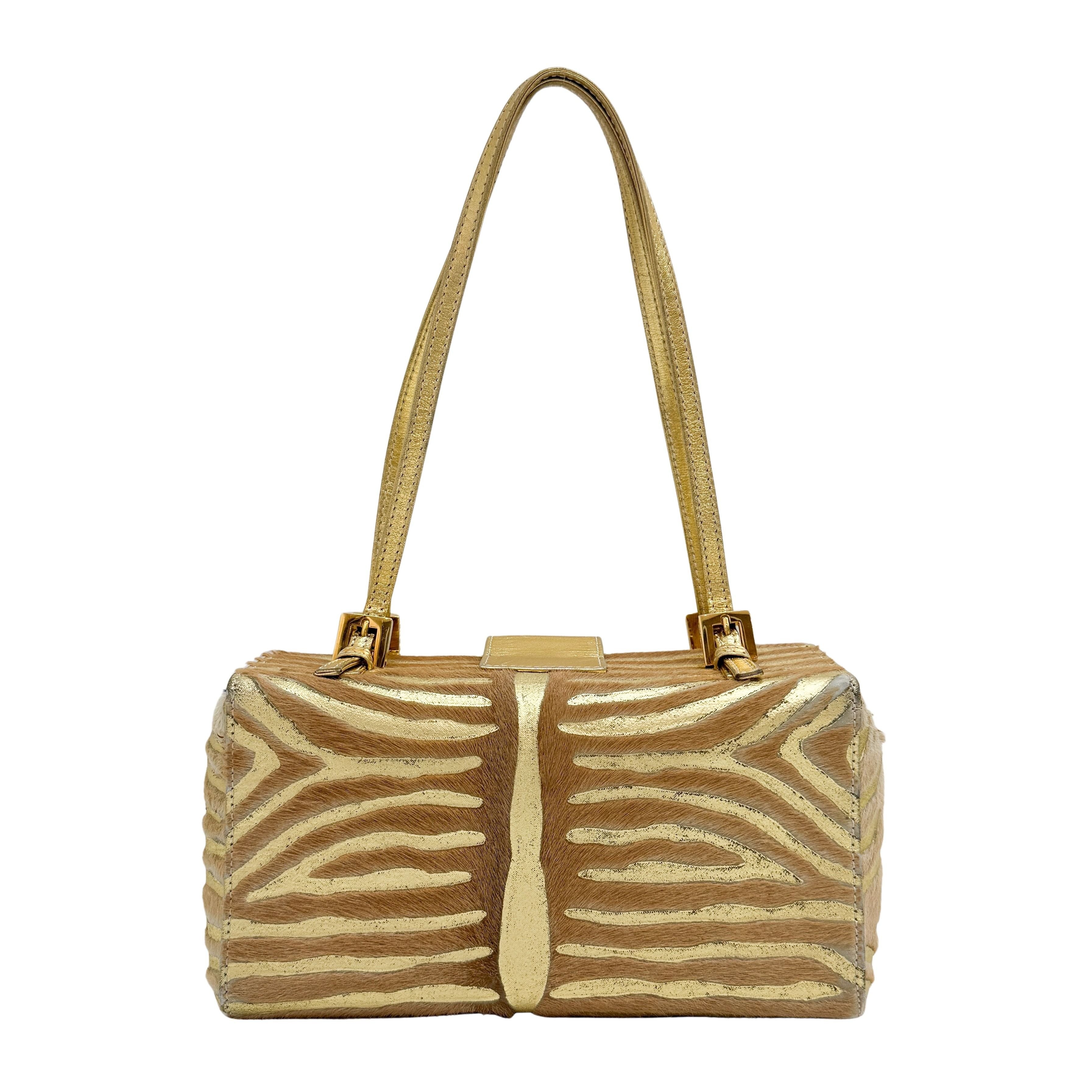 Mamma Baguette Gold Zebra Striped Pink Pony Hair Box Bag