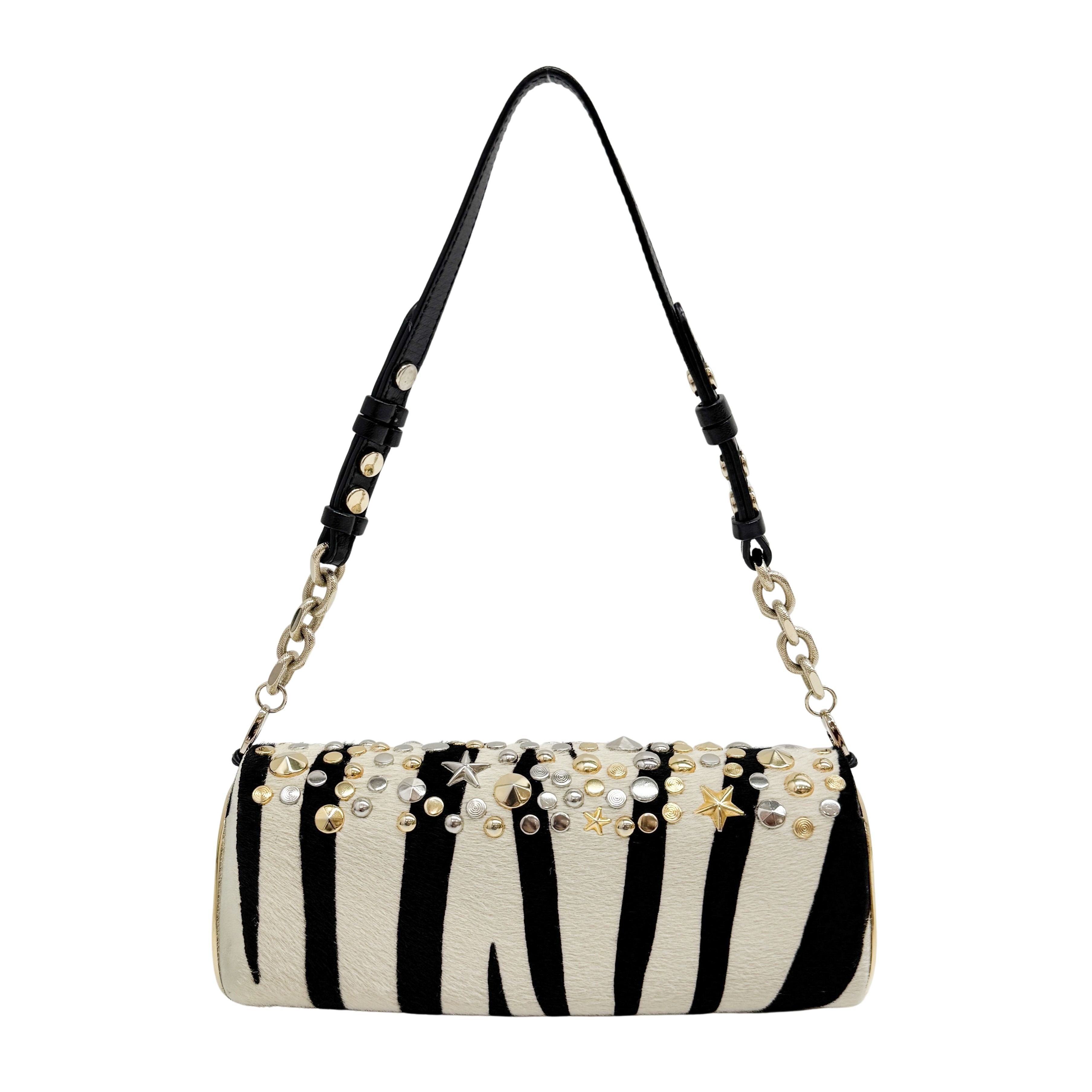 Vintage Black and White Studded Zebra Print Shoulder Bag