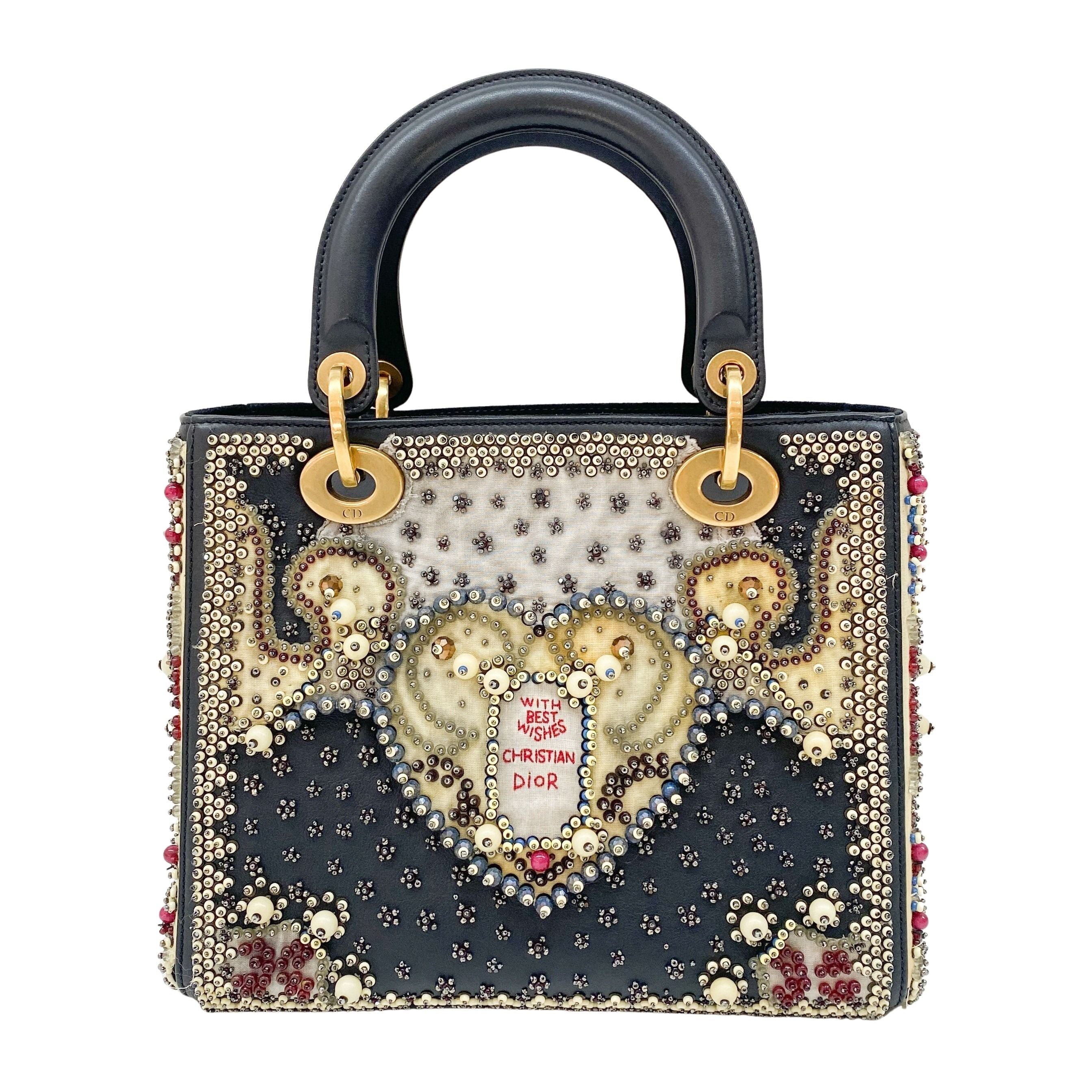 Lady Dior Black Leather Embroided Beads Bag