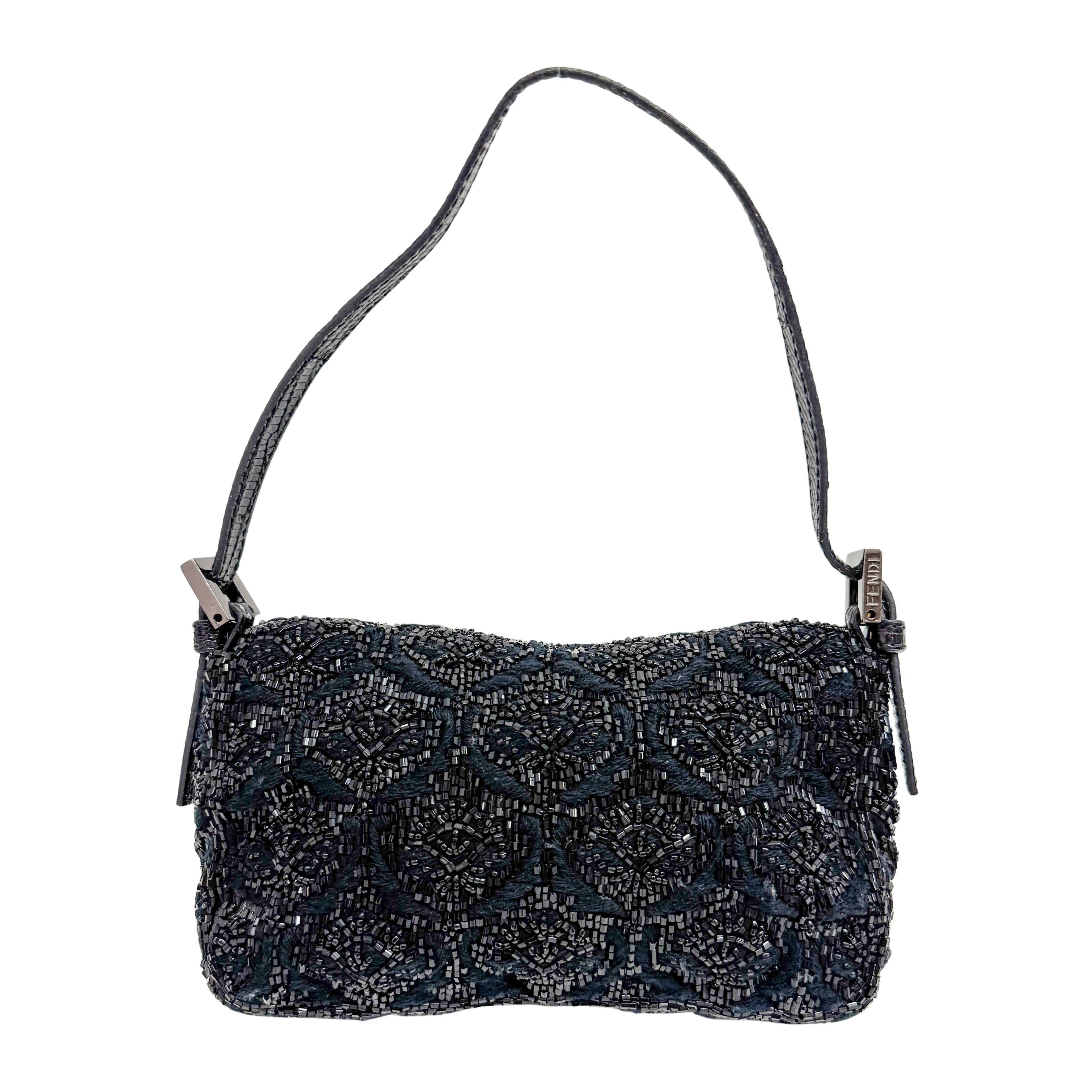 Mini Baguette Rhinestone Hardware Black Beaded Shoulder Bag