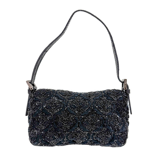 Mini Baguette Rhinestone Hardware Black Beaded Shoulder Bag