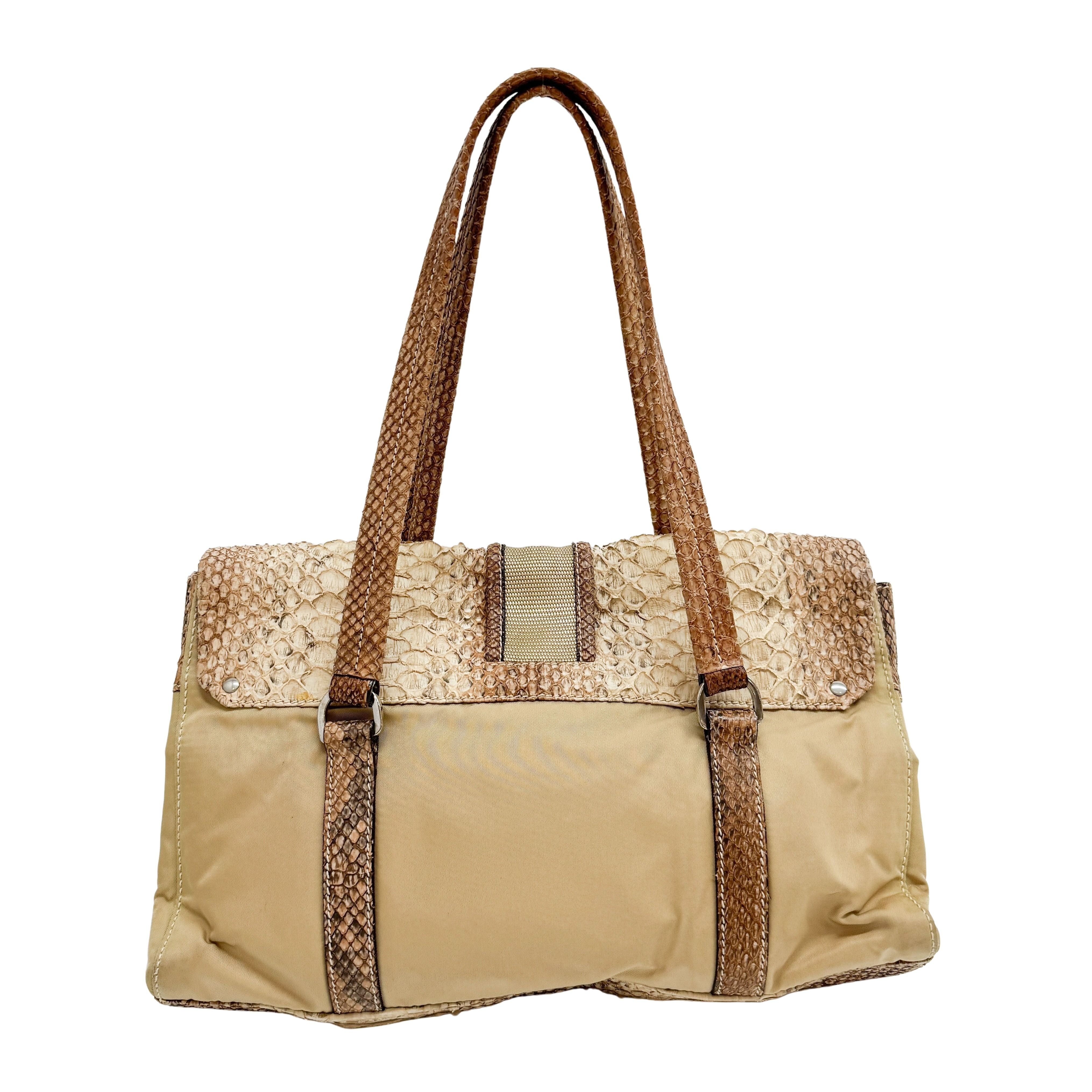 Python Embossed Beige Nylon Shoulder Bag