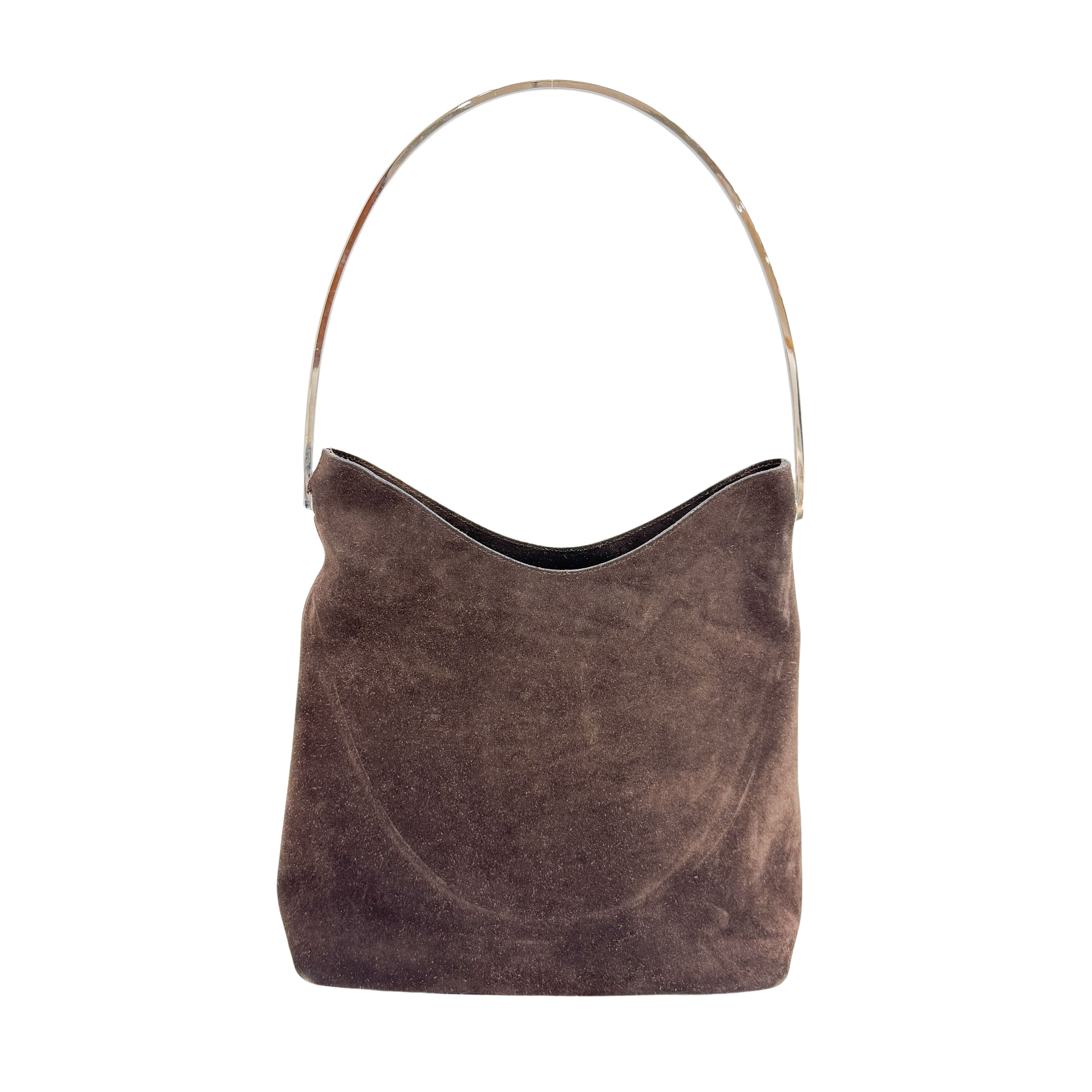 Brown Suede with Silver-tone Handle Shoulder Bag