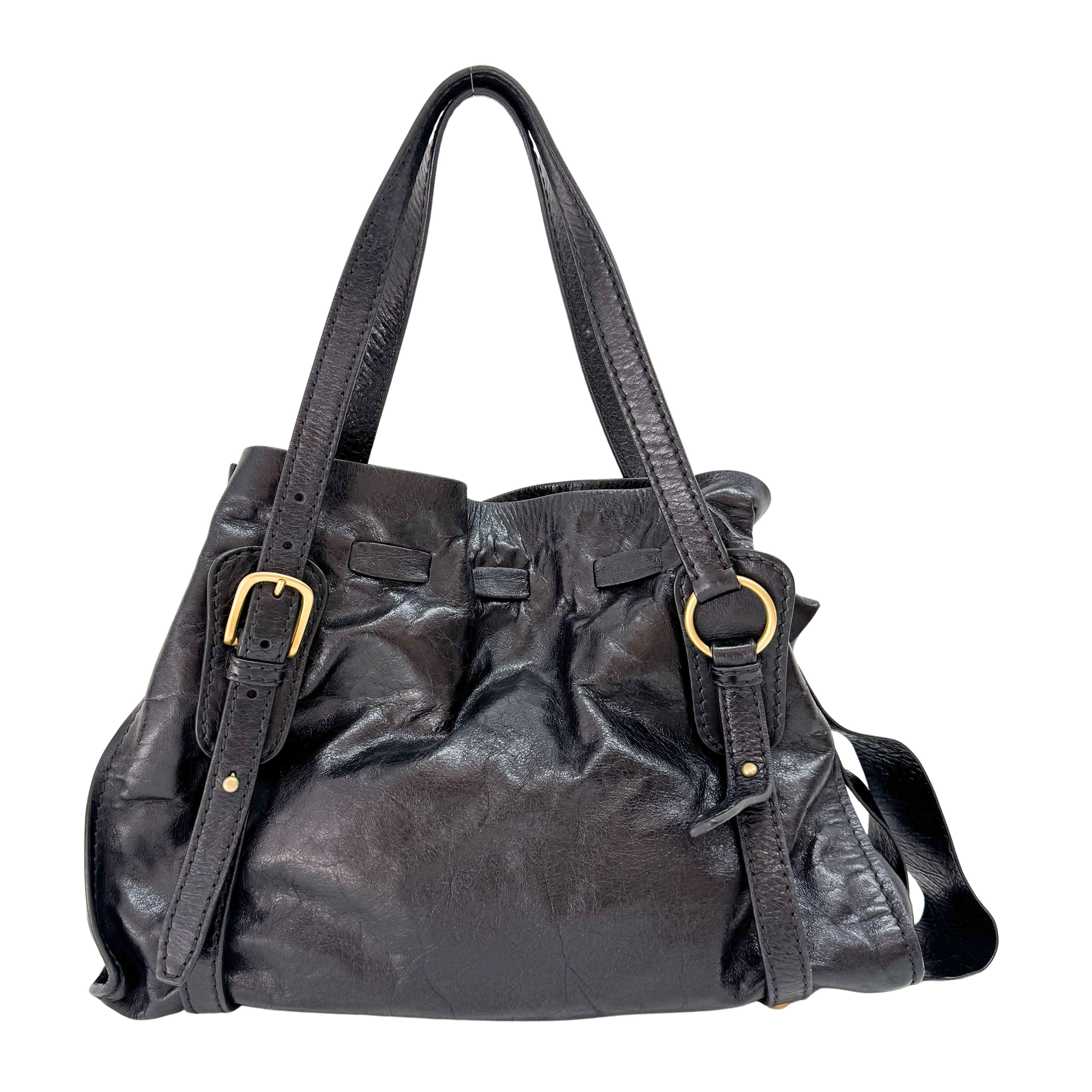 Vitello Lux Bow Black Leather Shoulder Bag