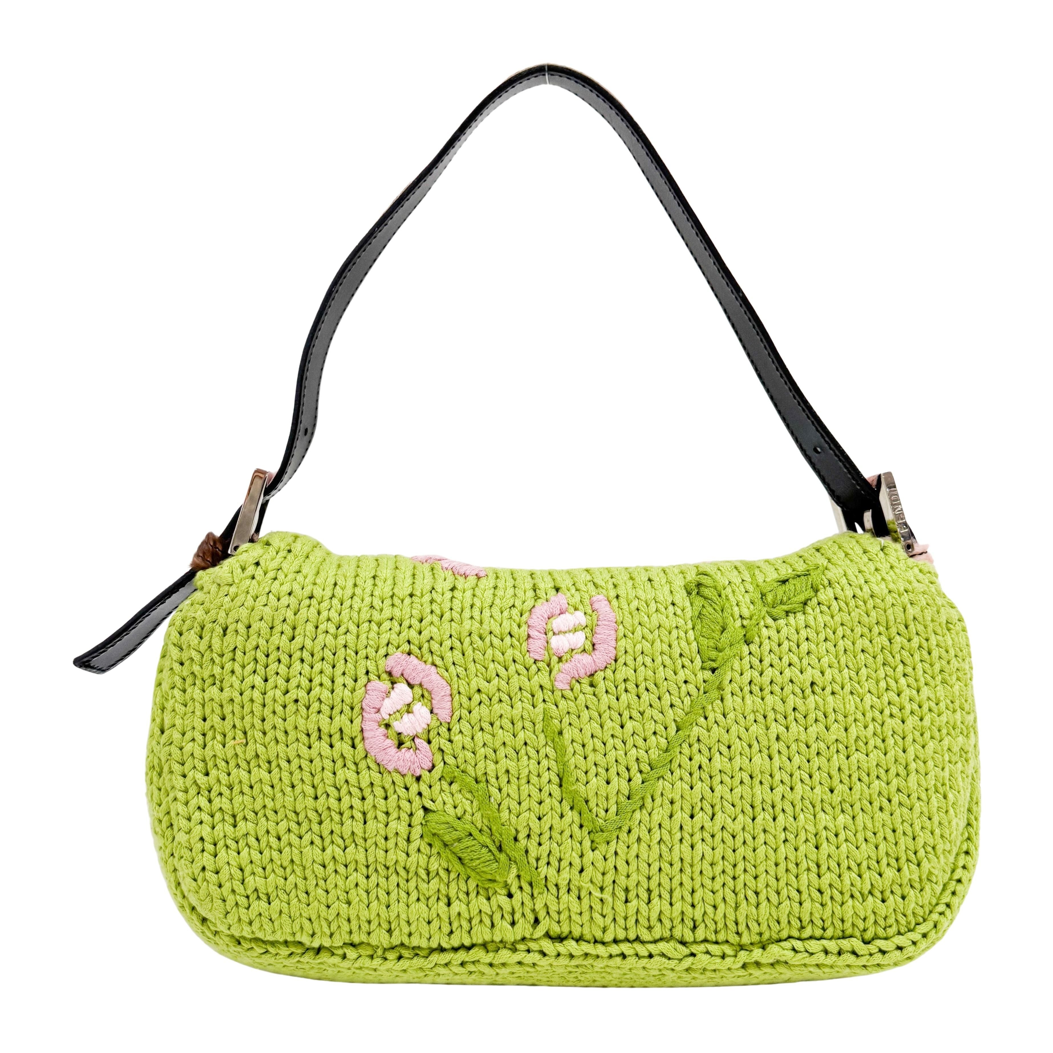 Baguette Green and Pink Crochet and Pony Hair Shoulder Bag