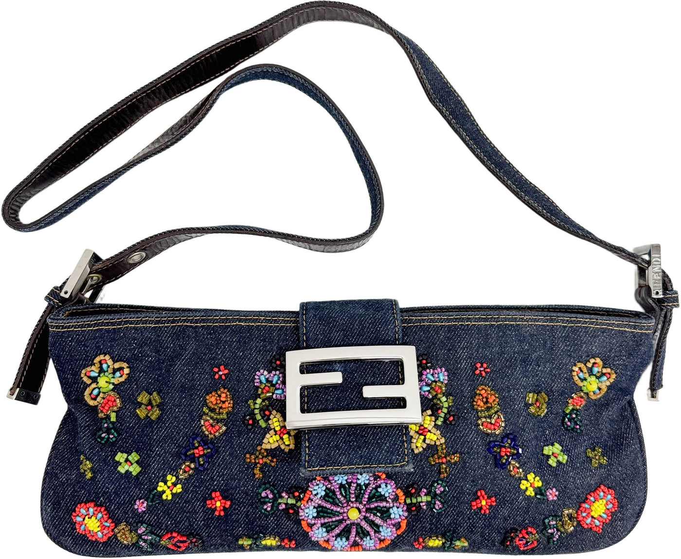 Zip Pochette Floral Beaded Navy Denim Shoulder Bag