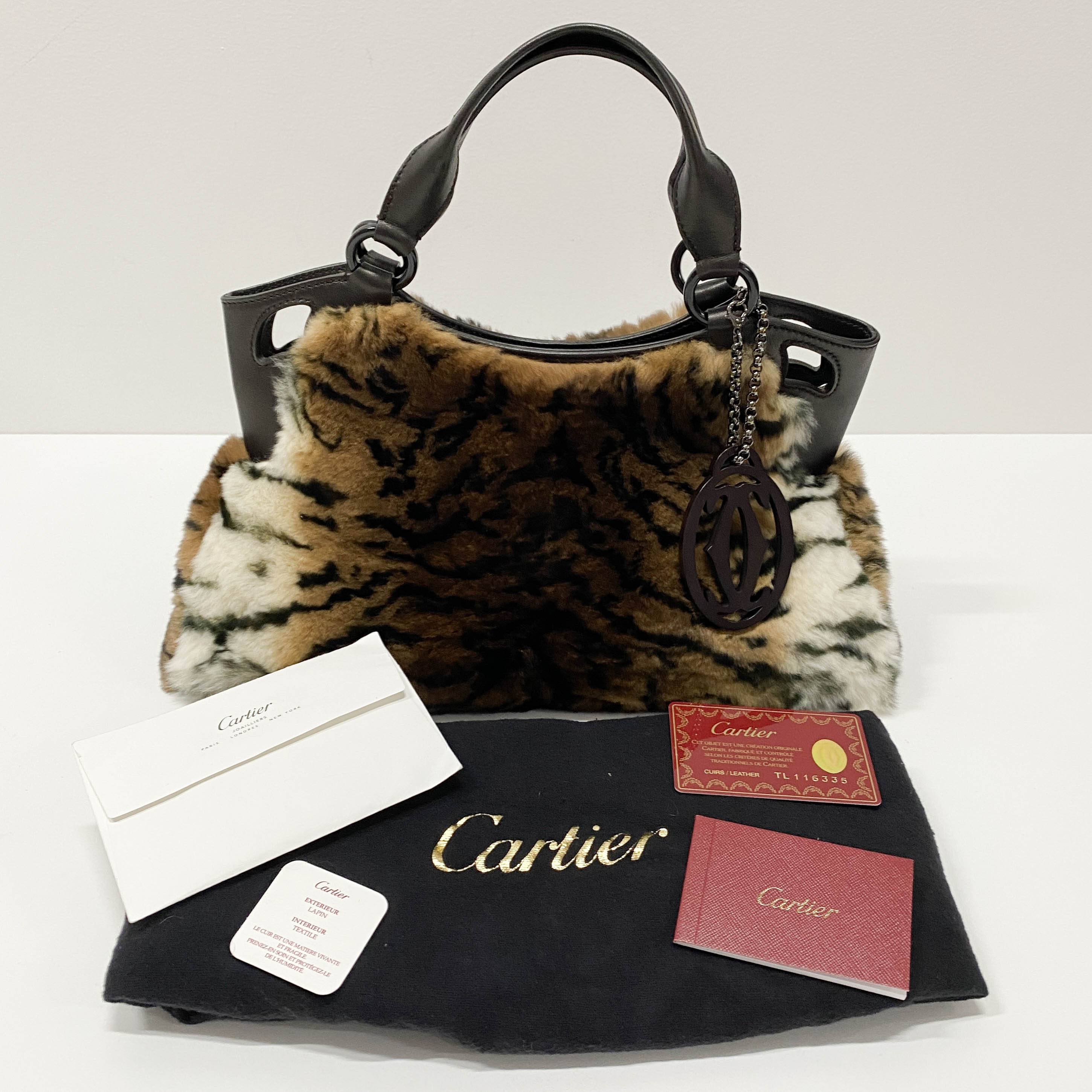 Brown/White Tiger Print Rabbit Fur Hand Bag