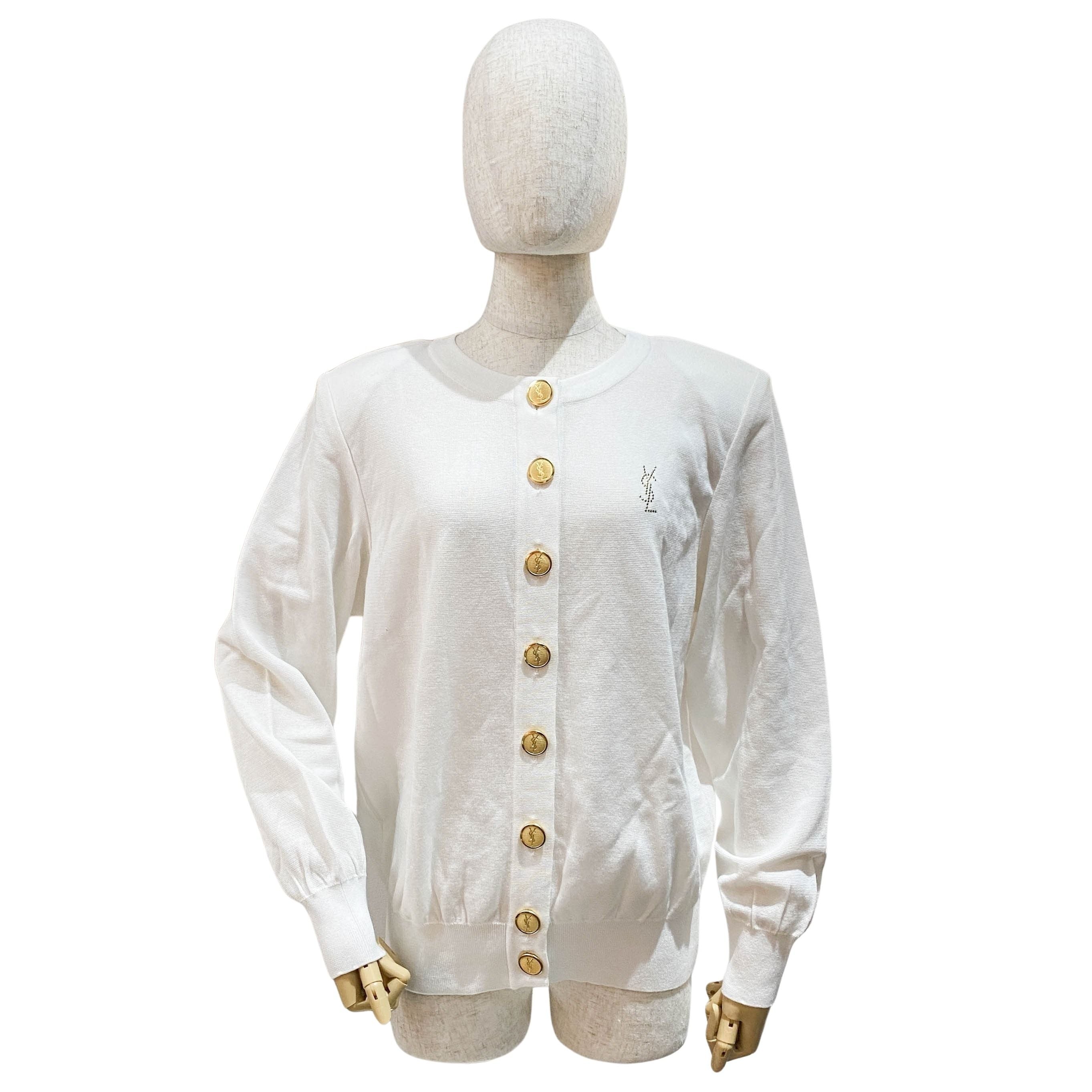 YSL Logo Size L White Cotton Cardigan