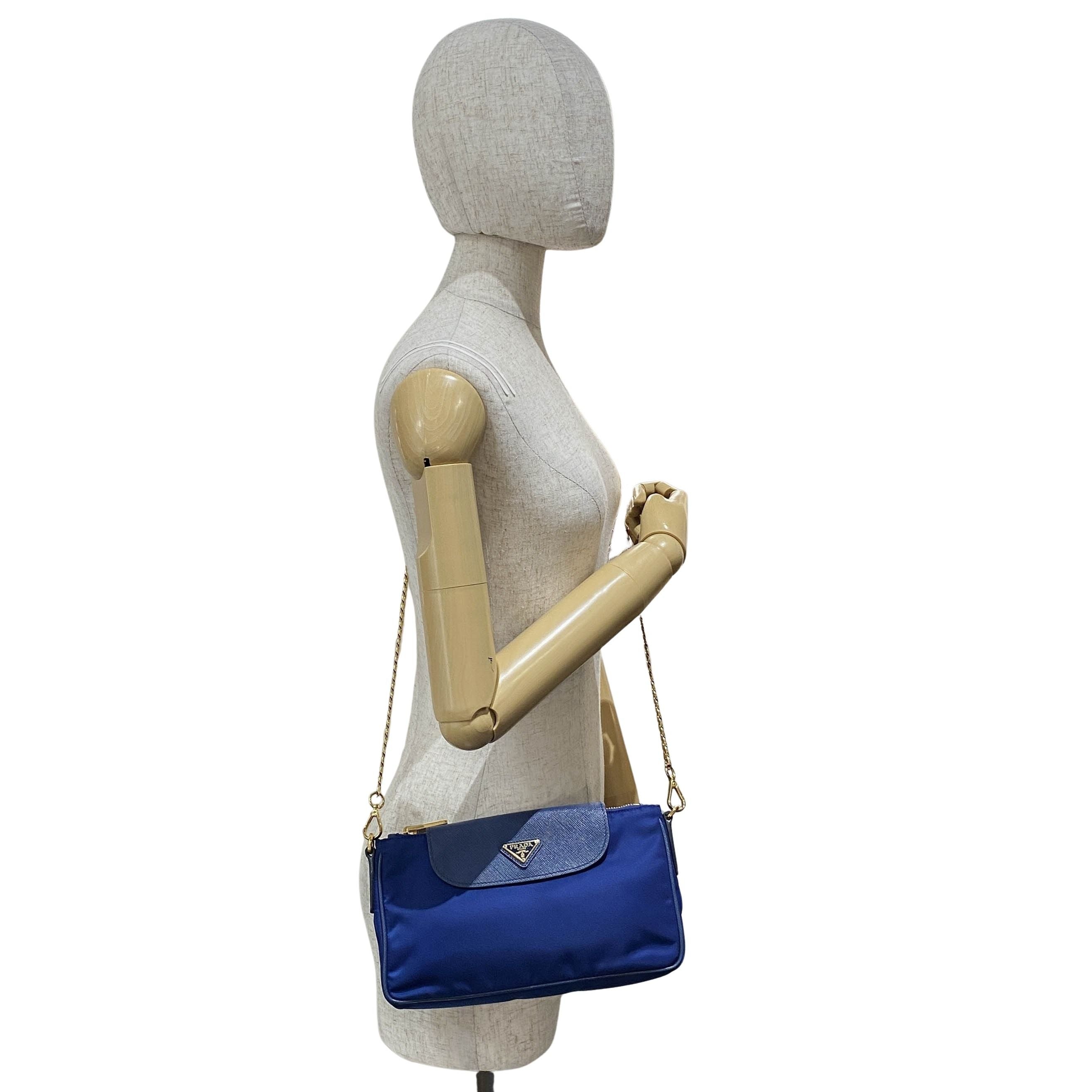 Gold Chain Blue Nylon Shoulder bag