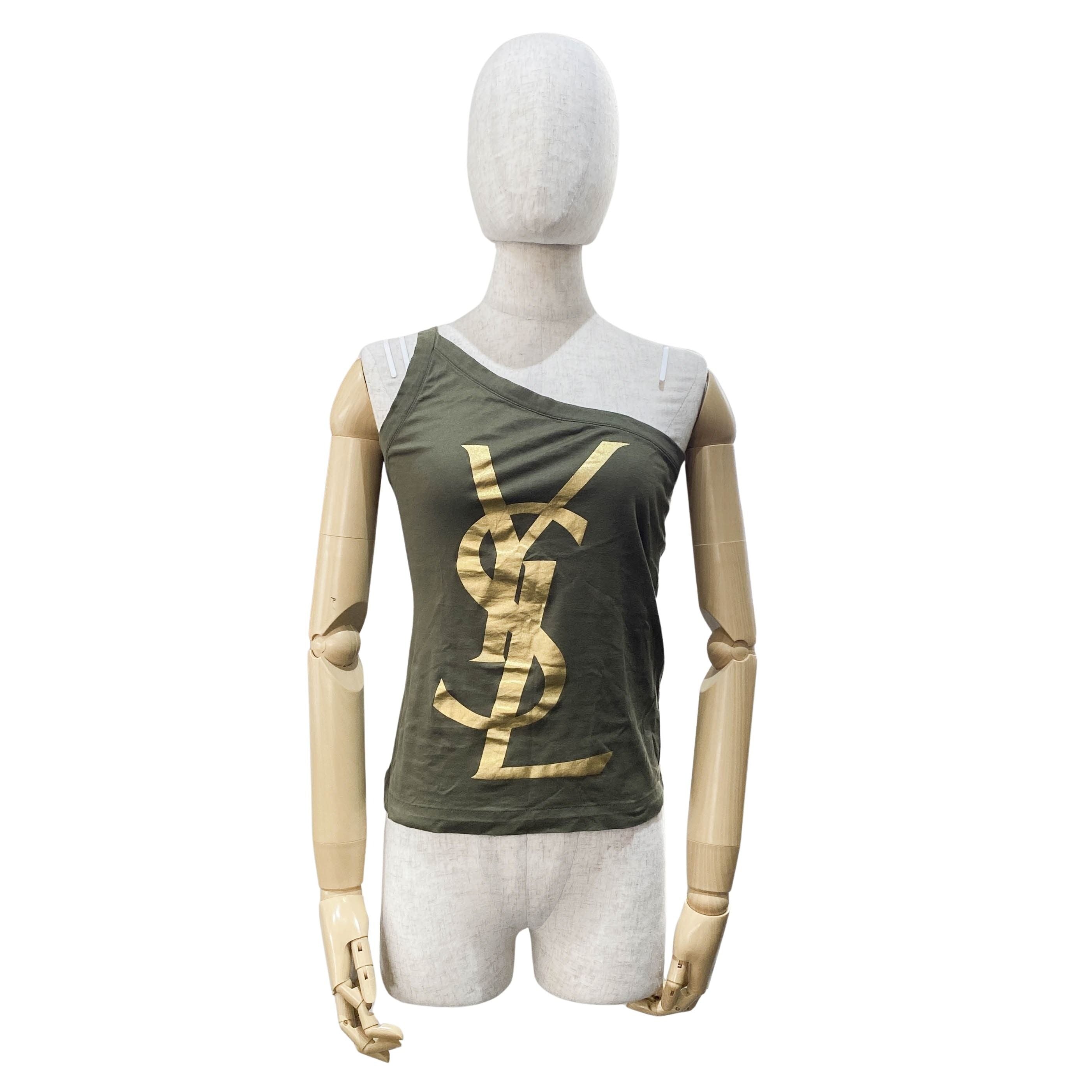 Size S Asymmetric Green Cotton Shoulder Top