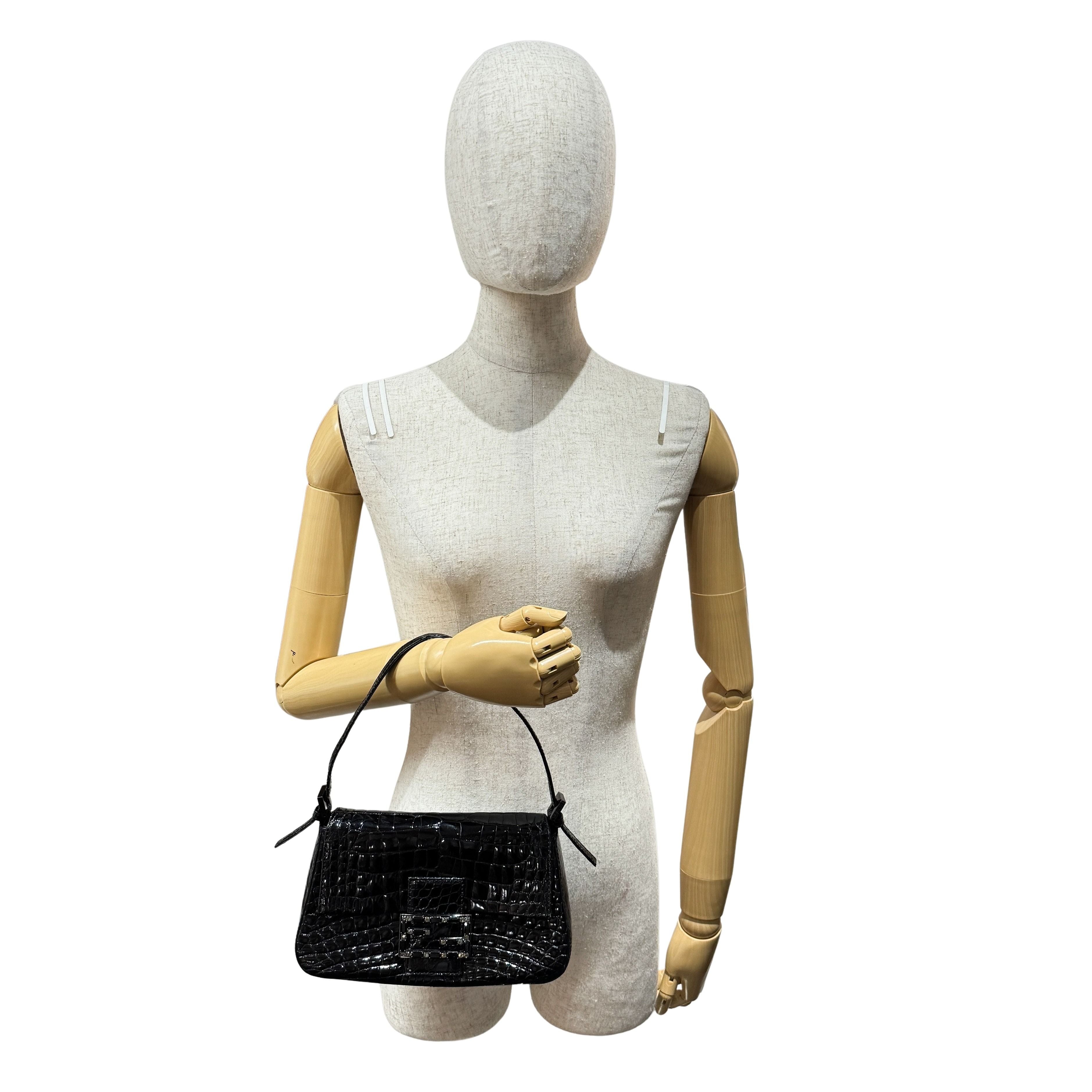 Mini Mamma Baguette Black Crocodile Embossed Shoulder Bag