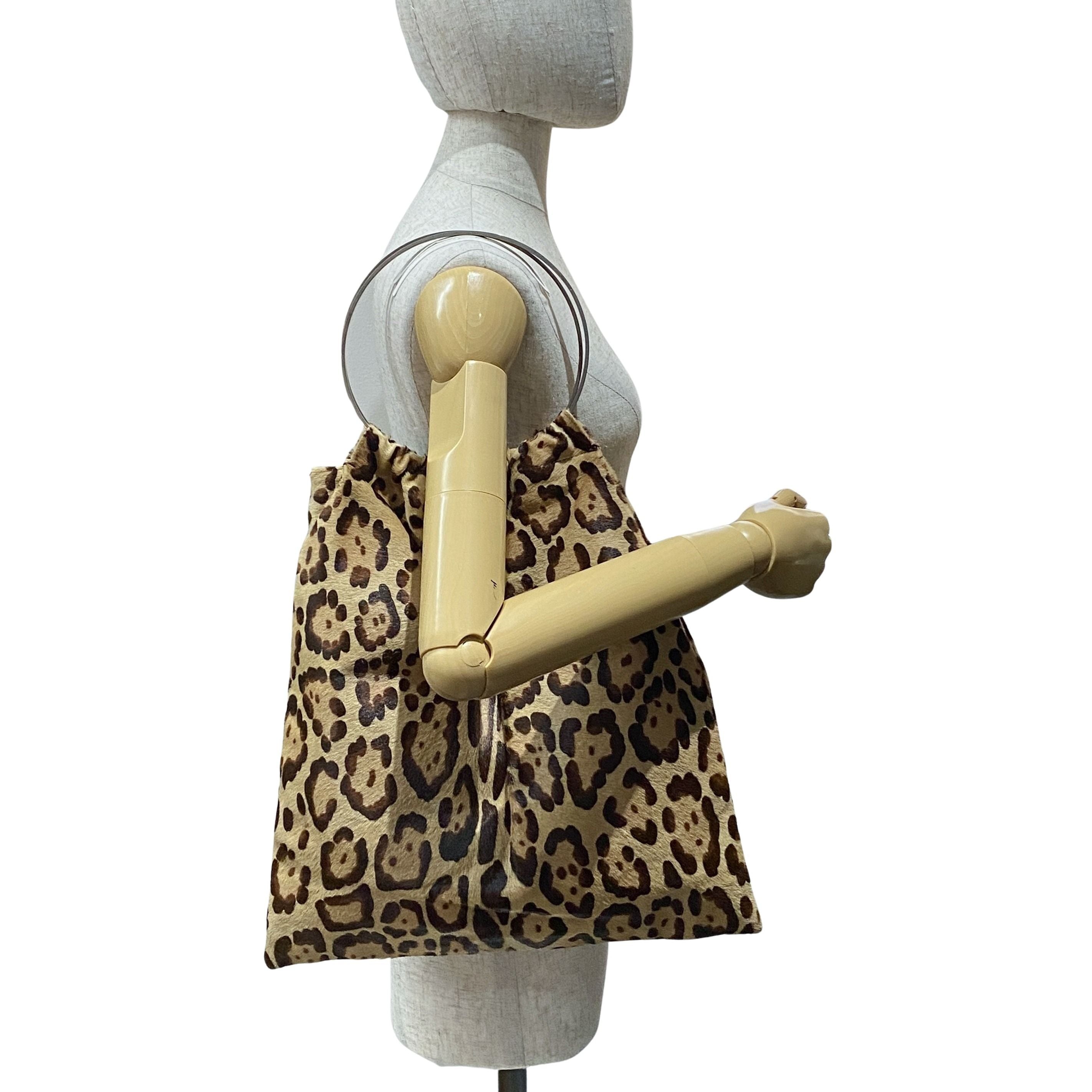 Brown Leopard Print Pony Hair Ring Handle Tote Bag