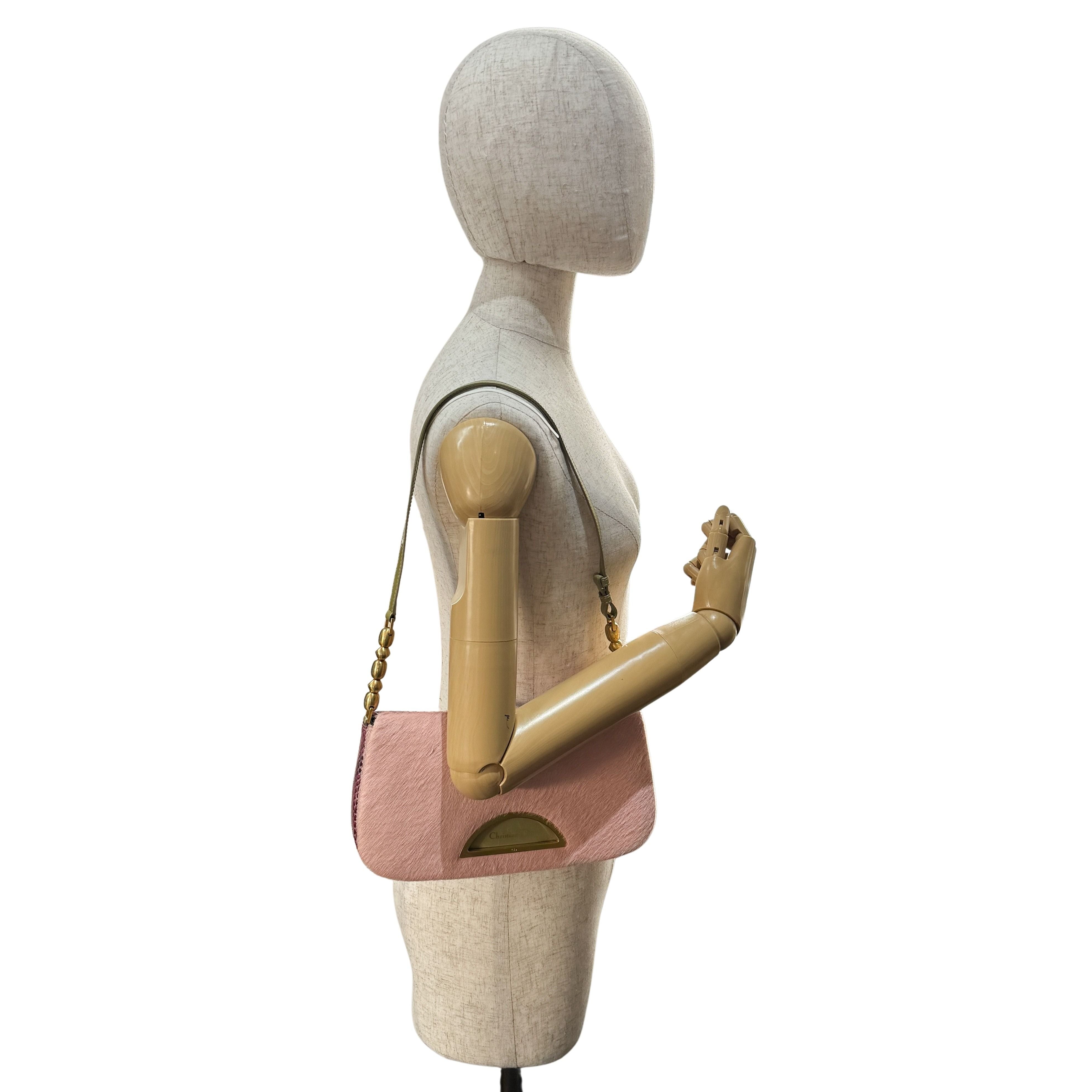 Malice Pearl Chain Pink Pony Hair Snake Skin Print Shoulder Bag