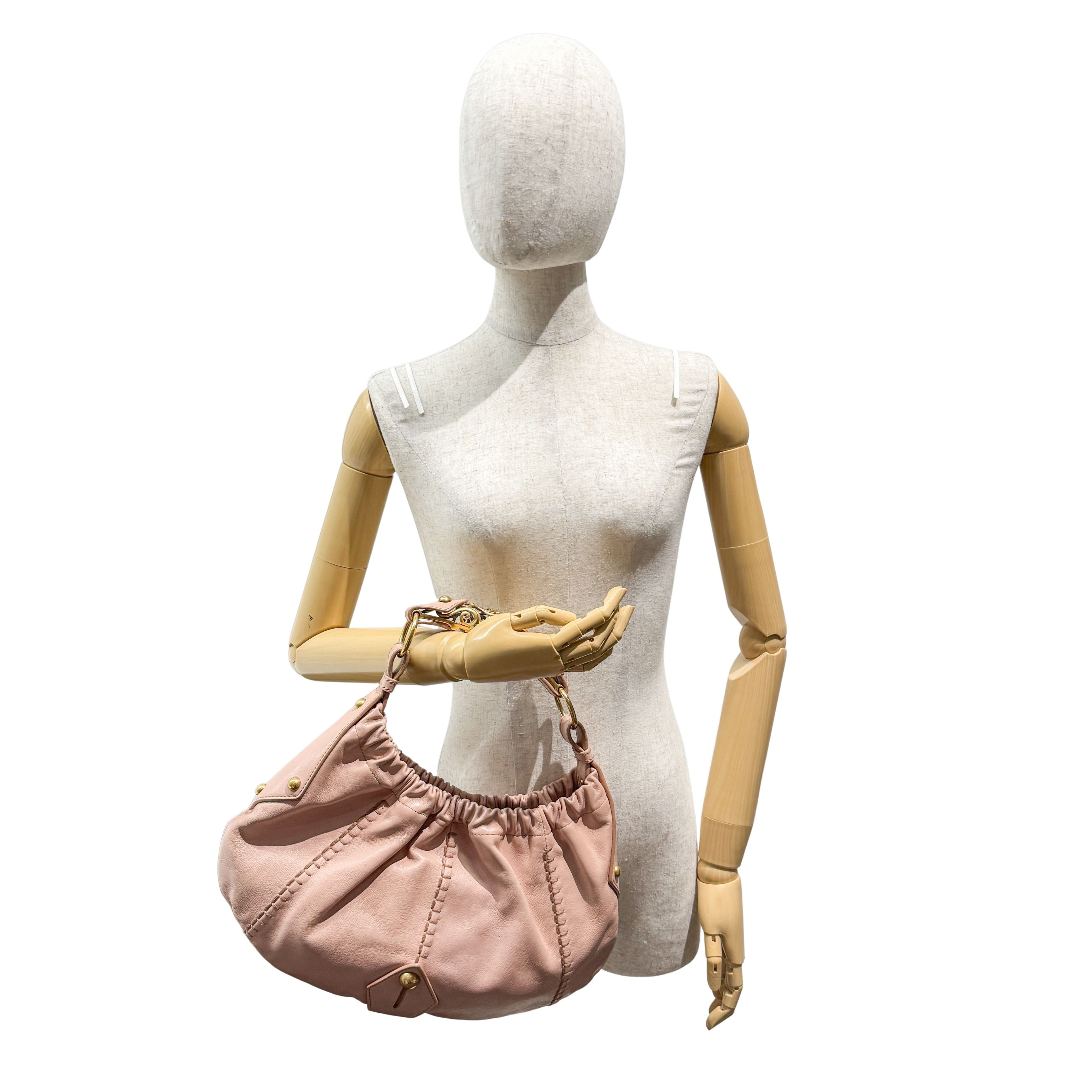 Vintage Pink Leather Shoulder Bag with Baroque Metal Handle