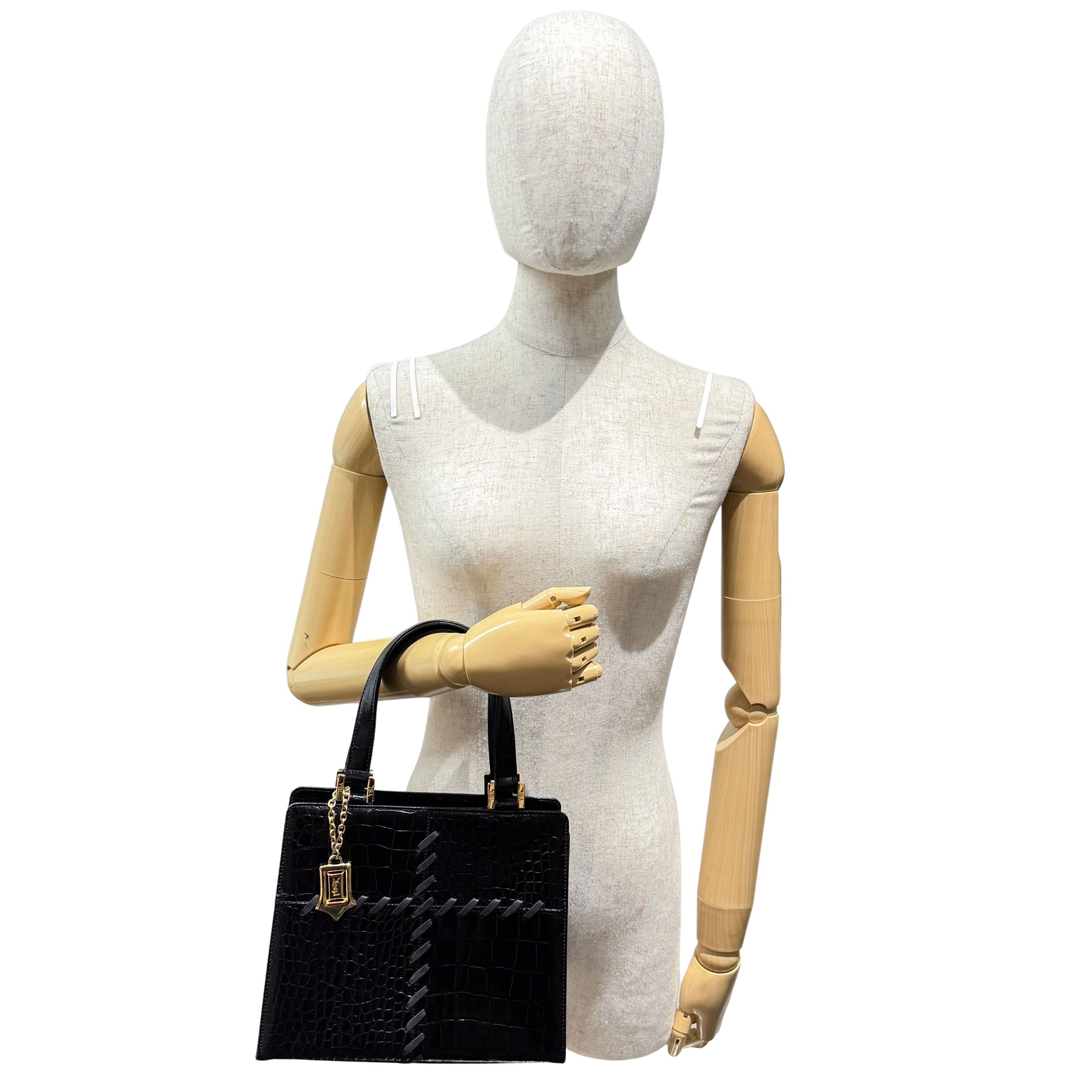 Black Croc Embossed Leather Handbag