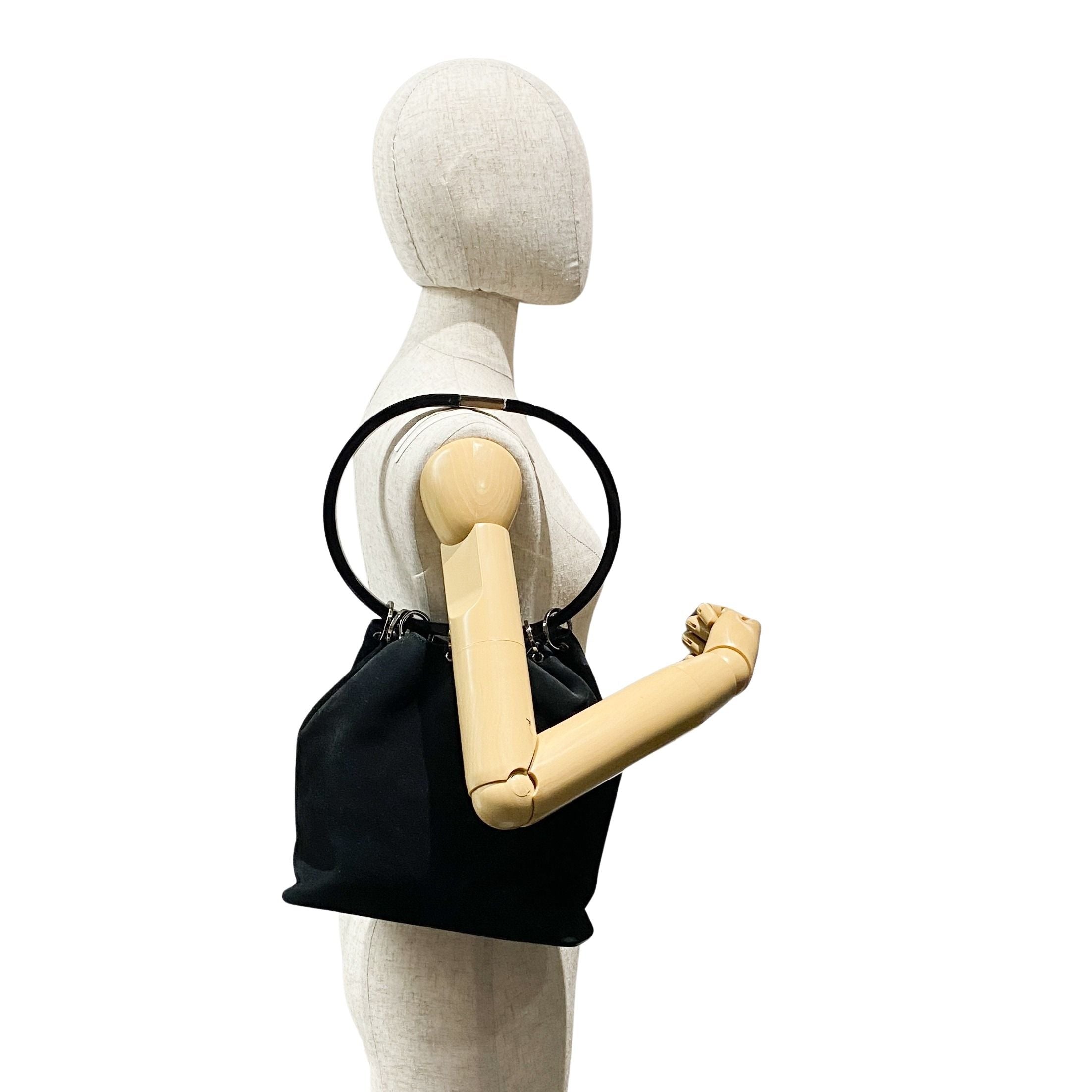 Metal Handle Black Suede Shoulder Bag