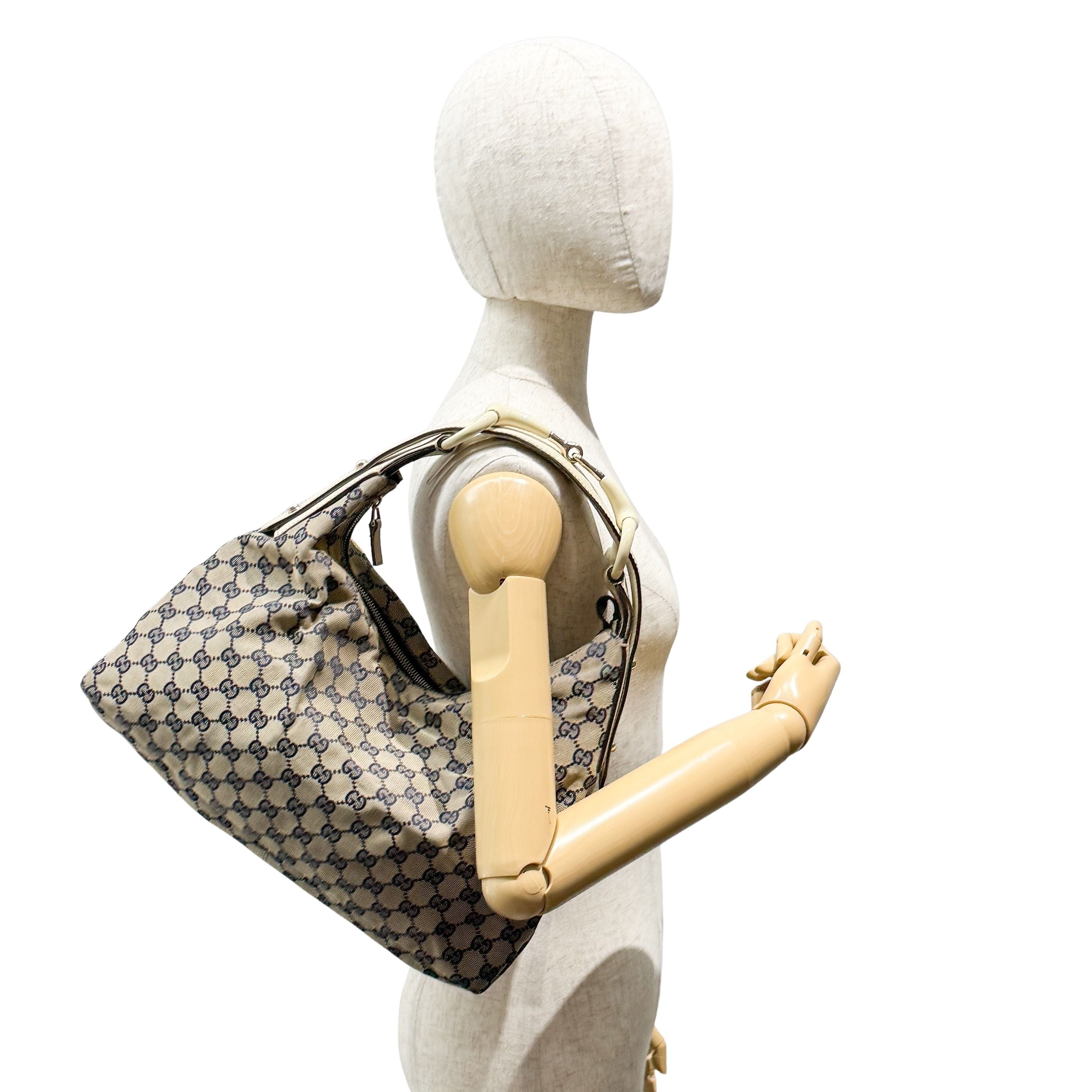 Horsebit Beige Canvas Shoulder Bag