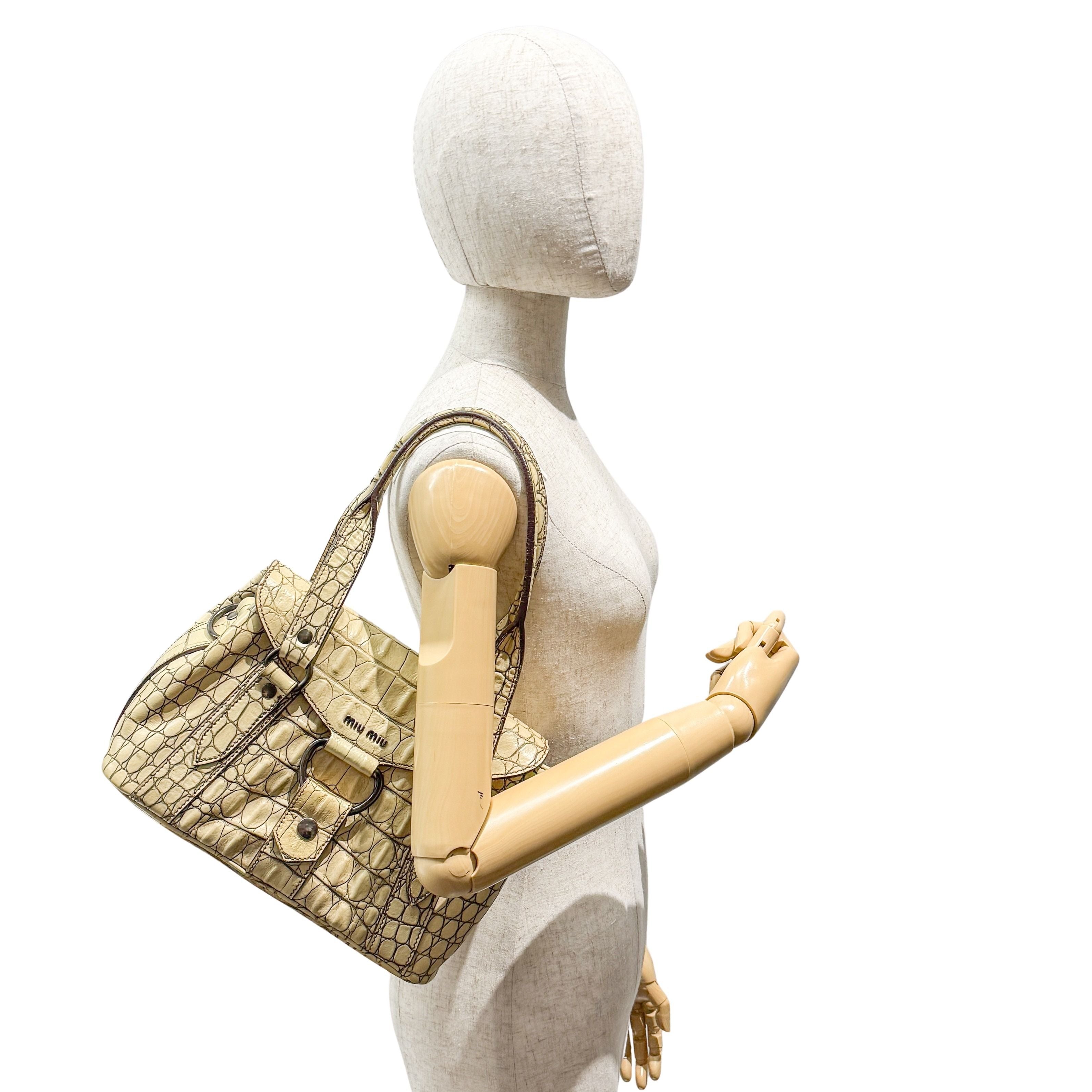 Vintage Beige Croc Embossed Leather Shoulder Bag