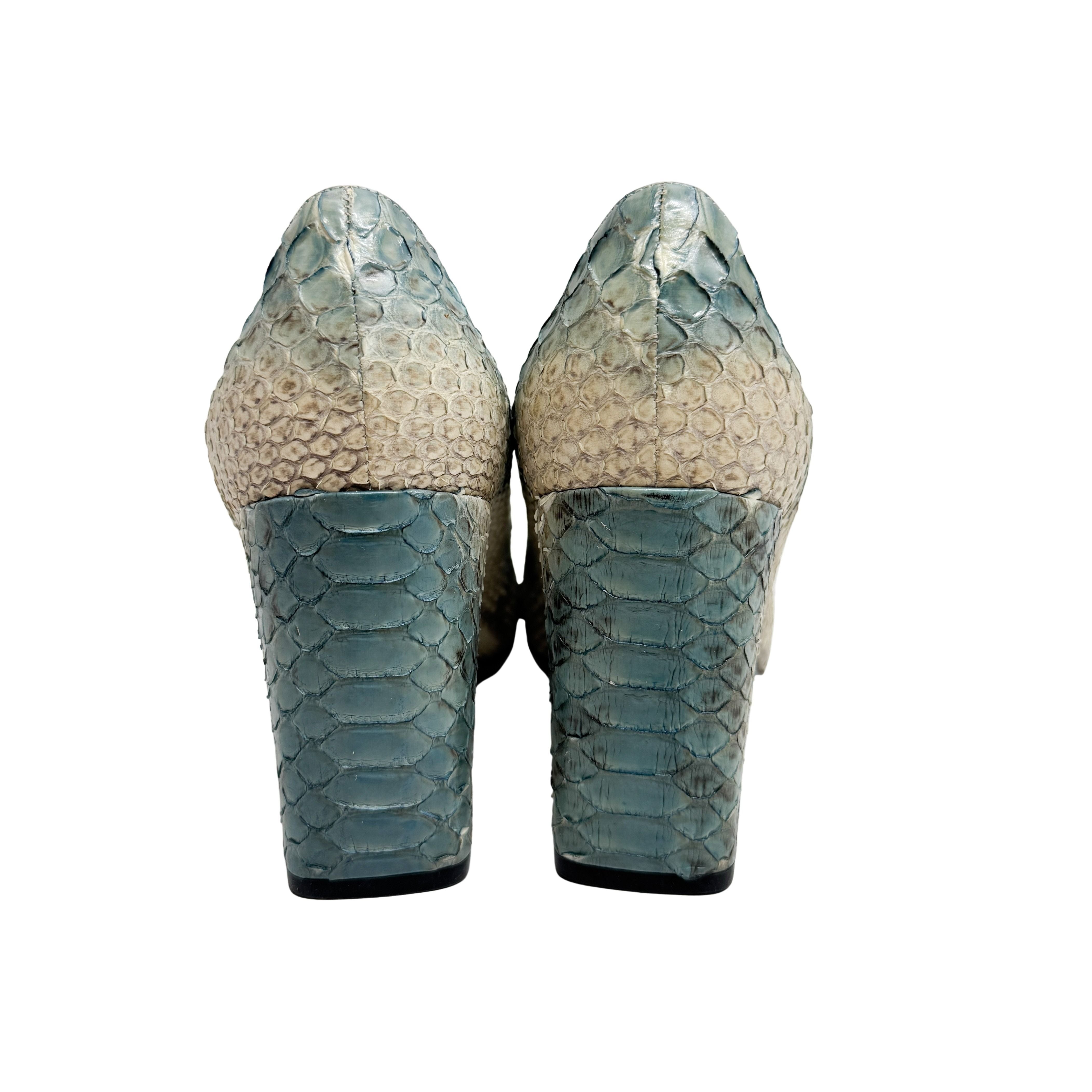 Size 36  Blue & White Python Embossed Leather Heels