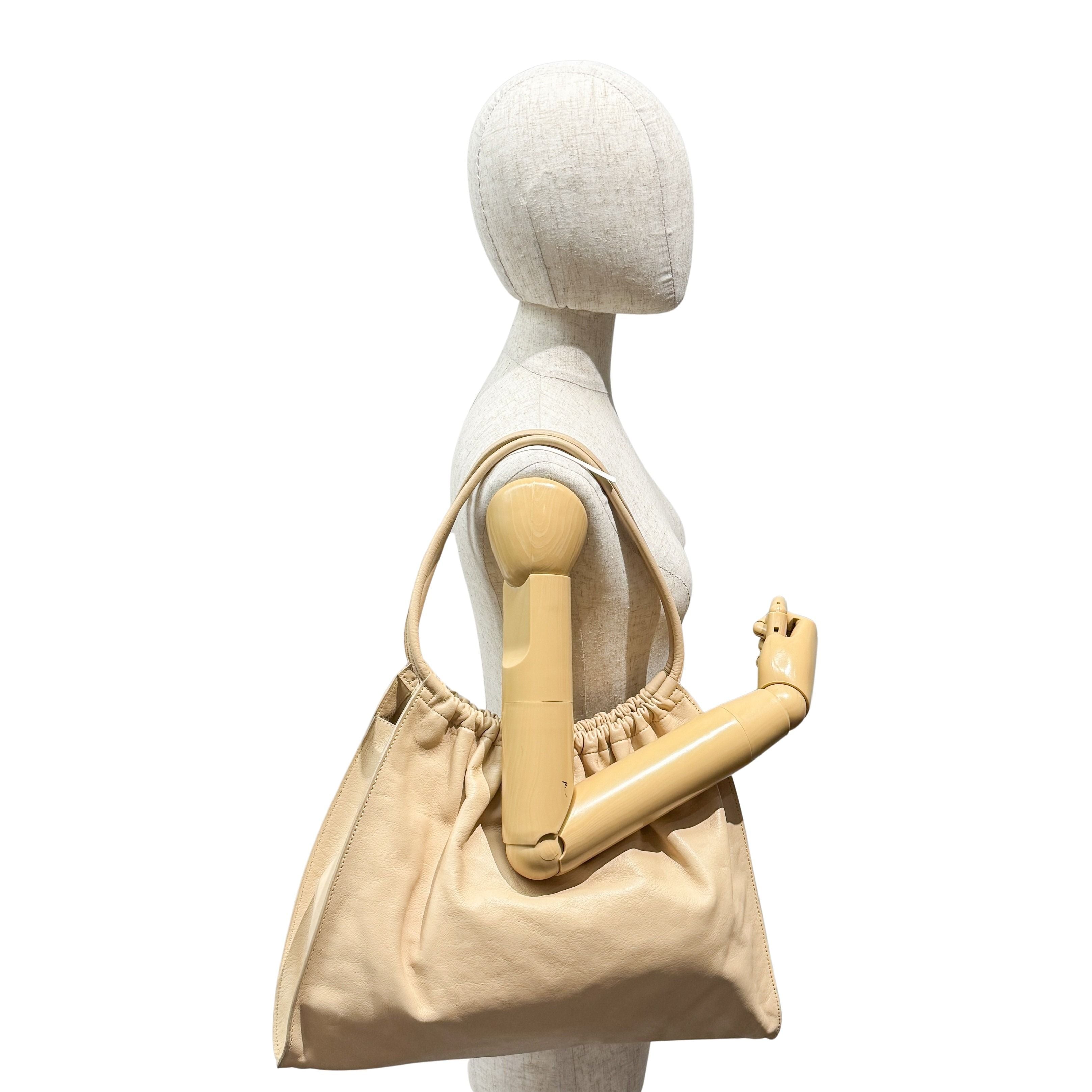 Beige Leather Hobo Shoulder Bag