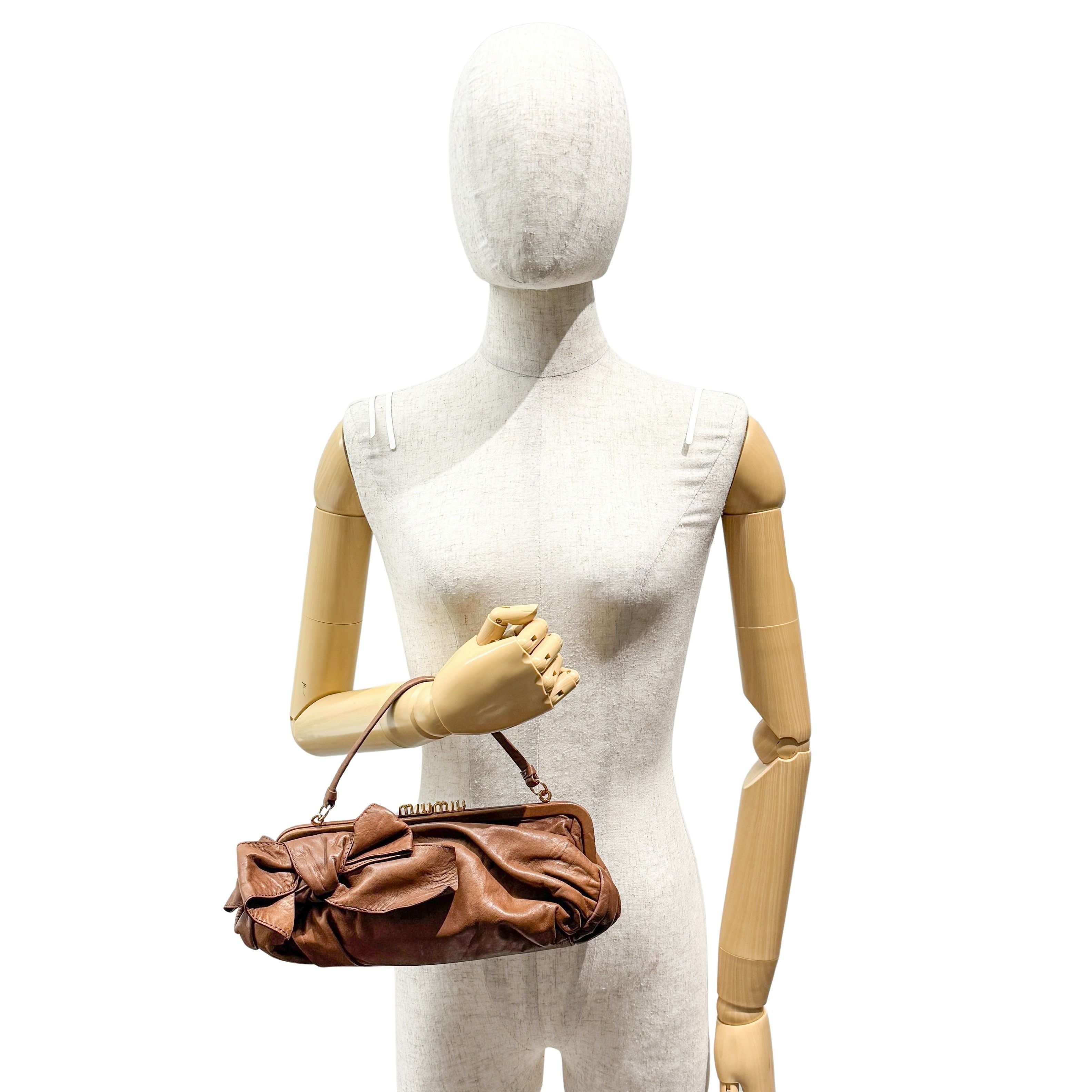 Bow Brown Leather Clutch/Hand Bag