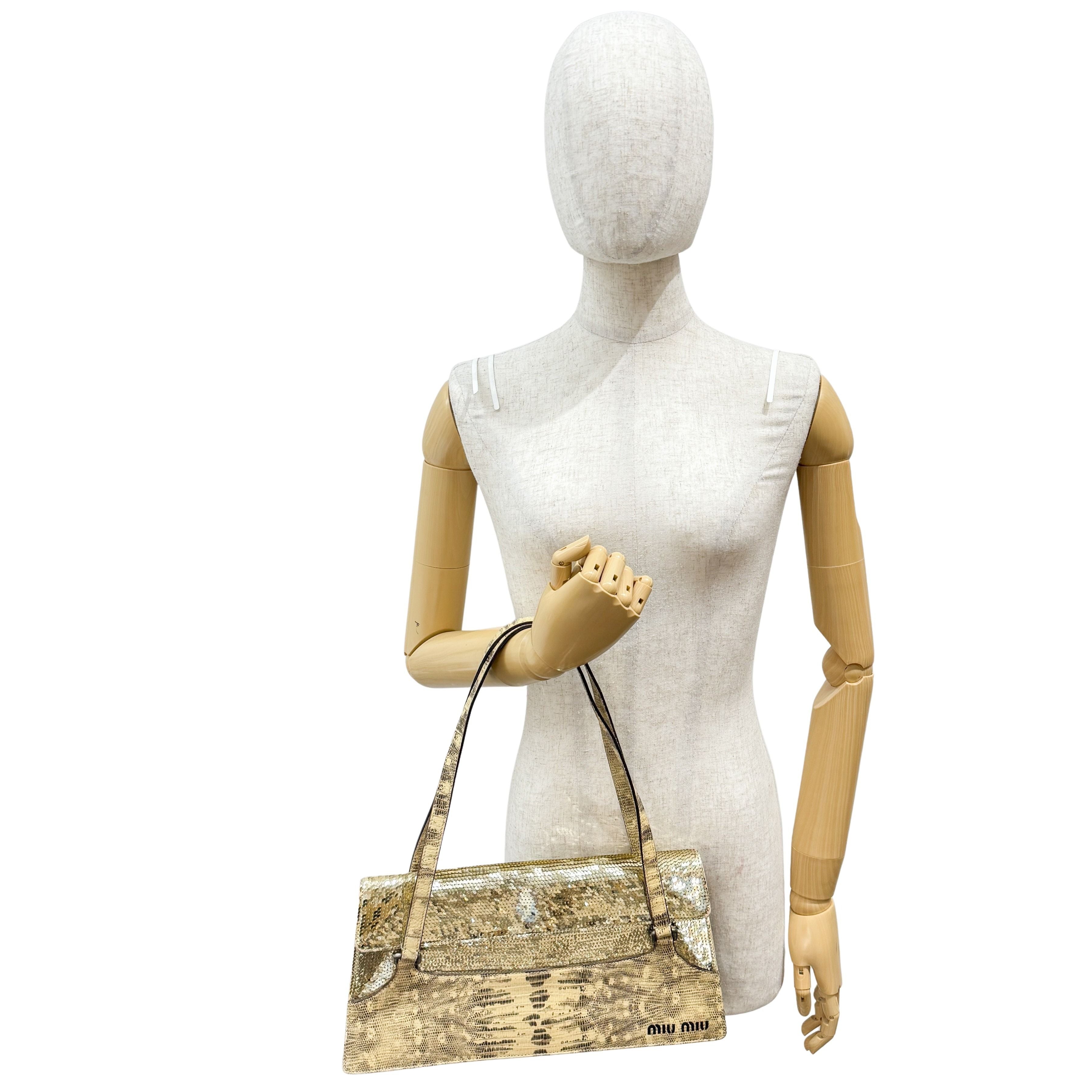 Gold Sequin Yellow Python Embossed Leather Shoulder Bag